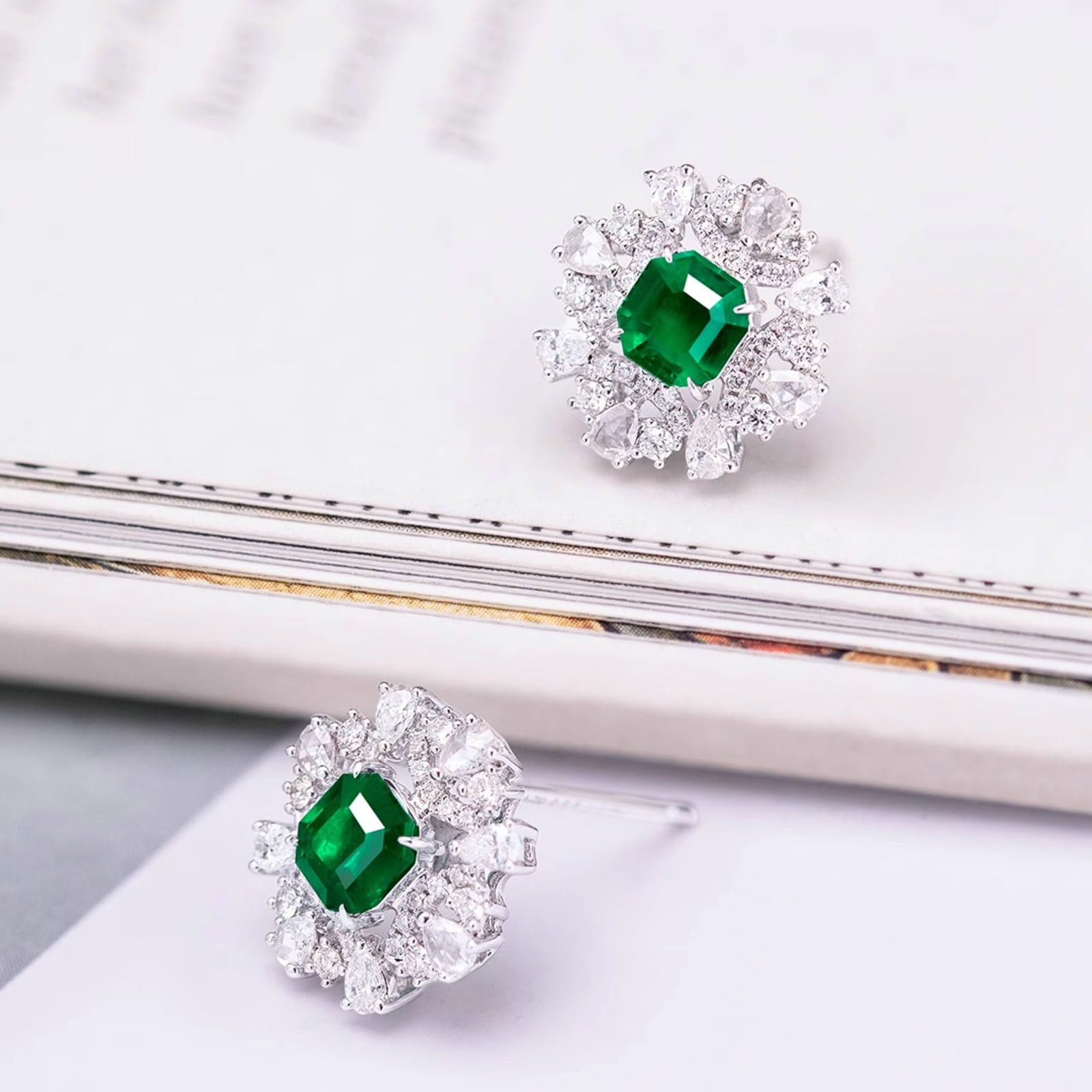 Pendientes de tuerca de oro blanco de 9K/14K/18K cultivados en laboratorio para mujer, aretes de copo de nieve con esmeralda creada de 1,21 quilates y moissanitas de oro real