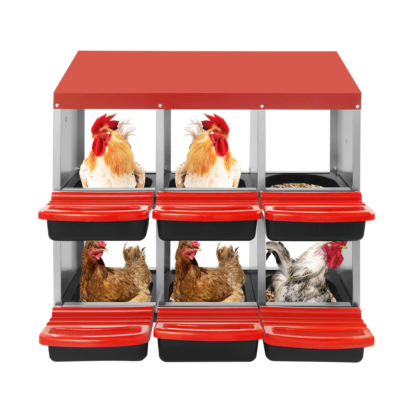 Nido di gallina a 6 scomparti, 81 x 52 x 79 cm, con scomparto automatico per ovoicoli, aperture di scarico, PP indipendente o montato a parete, per cortile, fattoria e pollaio (rosso)