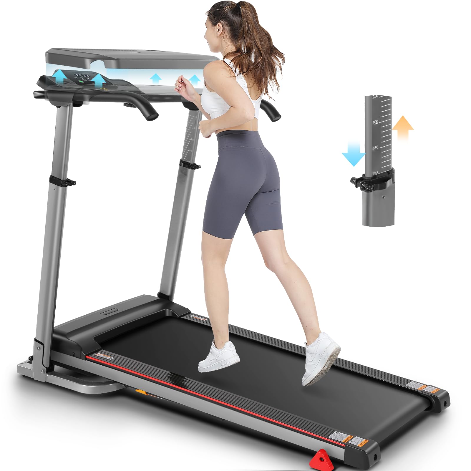 Image showing a person unfolding the ANCHEER treadmill using the hydraulic lever system and transport wheels.