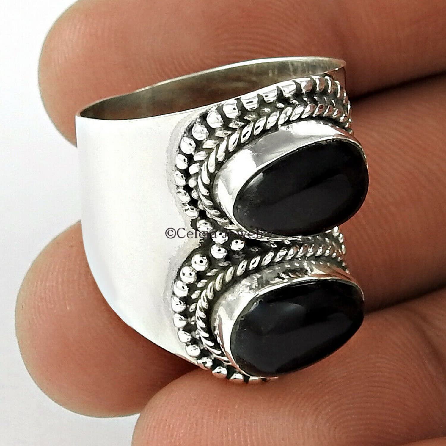 Anillo de piedra preciosa de ónix negro, plata de ley 925 maciza, anillo de banda de diseñador unisex, declaración espiritual de aniversario, regalos de boda para parejas, hombres, mujeres