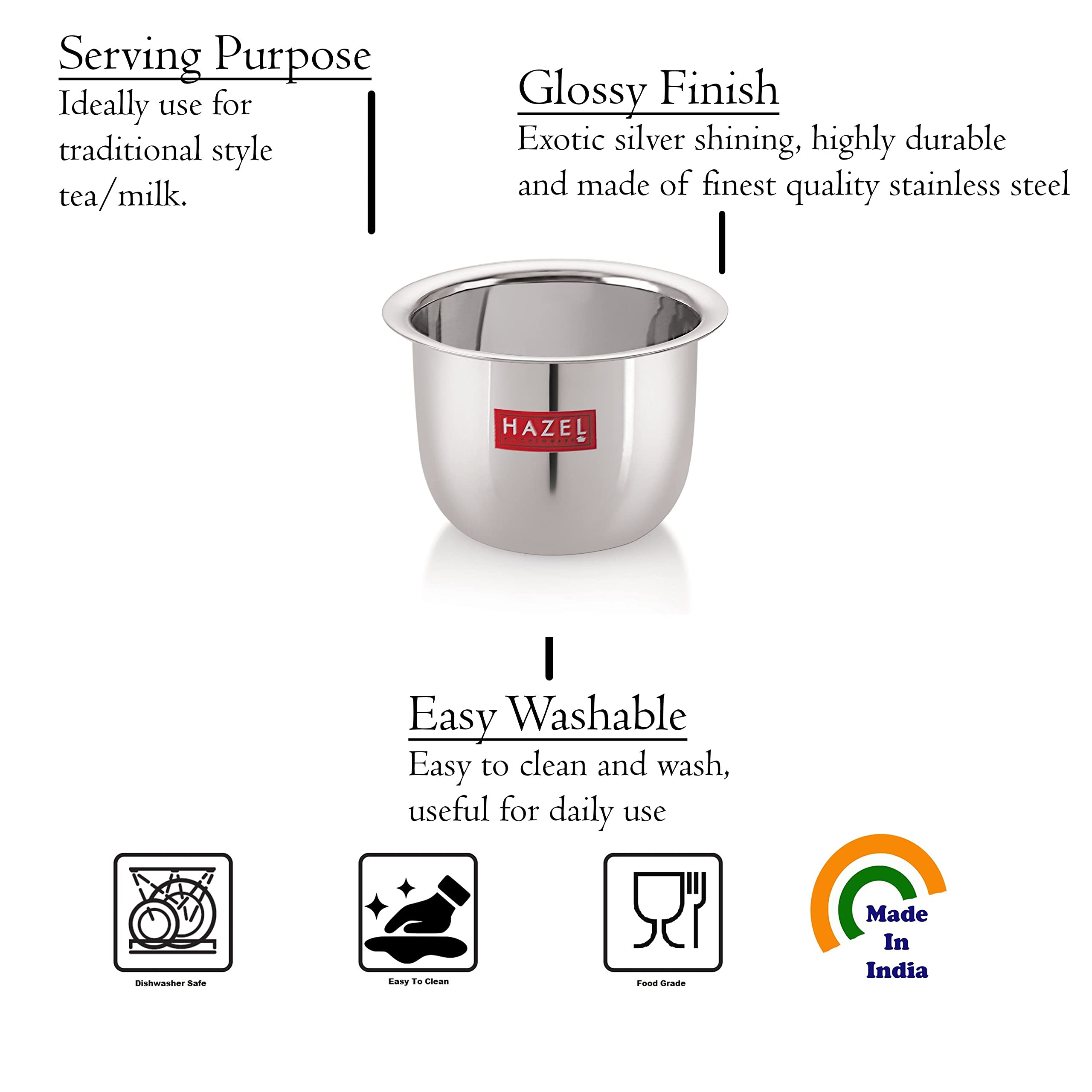 HAZEL Stainless Steel Tea Glass Set of 3 | 150 ml Traditional Steel Mug Cups | Mini Tea Coffee Milk Pela Patra Glasses 3