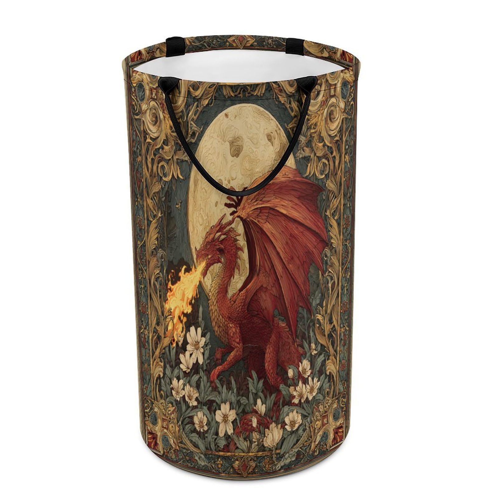 LUYYSKY Classic Abstract Fantasy Dragon Versatile Storage Laundry Basket, Retro Oil Painting Full Moon Plant Flowers Mythical Animal Dragon Large Bathroom Hamper With Handle-40 CM Dia, 69 CM High