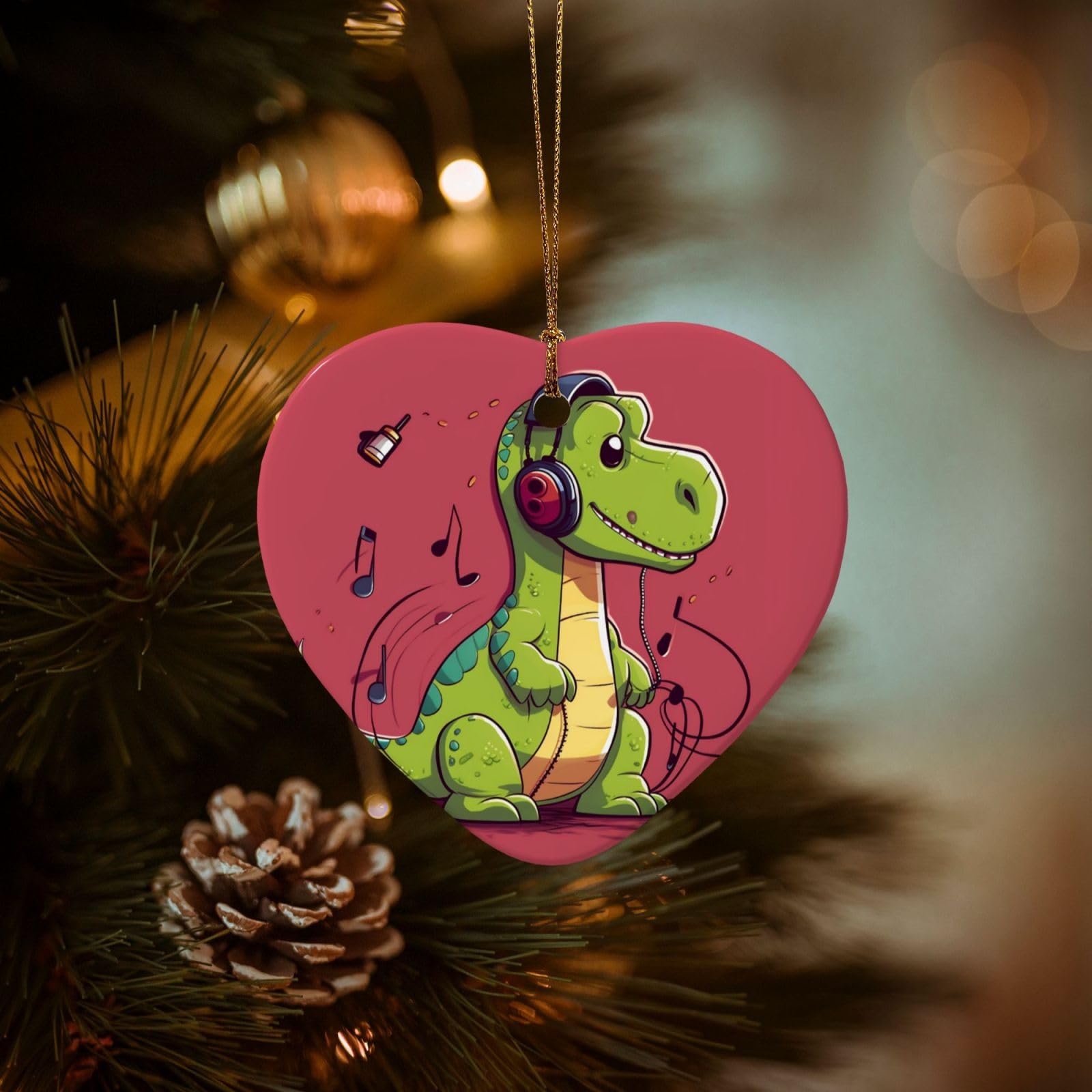 Christmas Tree Ornaments Ceramics Christmas Decorations Dinosaur Wearing Headphones Ornaments with Gold Ribbon Porcelain Xmas Tree Crafts Heart Shape Hanging Pendant for Christmas Tree Party Decor