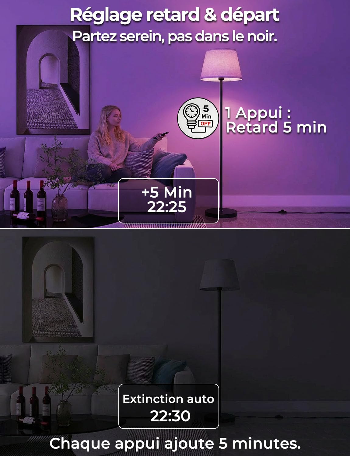 Lampadaire LED sur Pied Salon avec Variateur RGB, Double commande par Télécommande et interrupteur au pied, 9 couleurs + 6 modes Dynamiques, 152CM Moderne& 1200LM Ampoule, CRI92,pour Chambre et Bureau