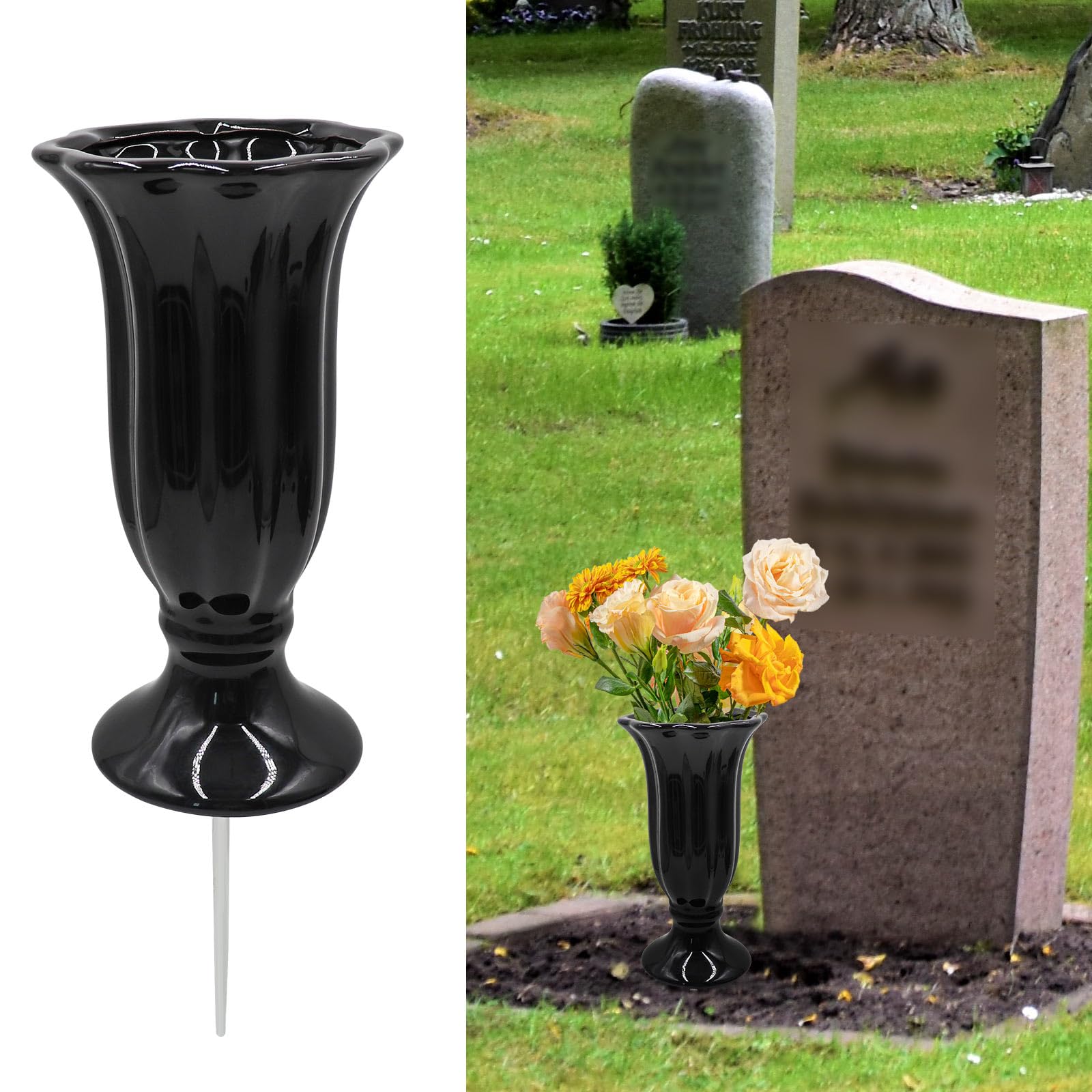 Ceramic Grave Vase with Metal Spike – Memorial Flower Holder for Graveside Decorations – Elegant Cemetery Ornament for Gardens, Lawns and Outdoor Tribute Displays