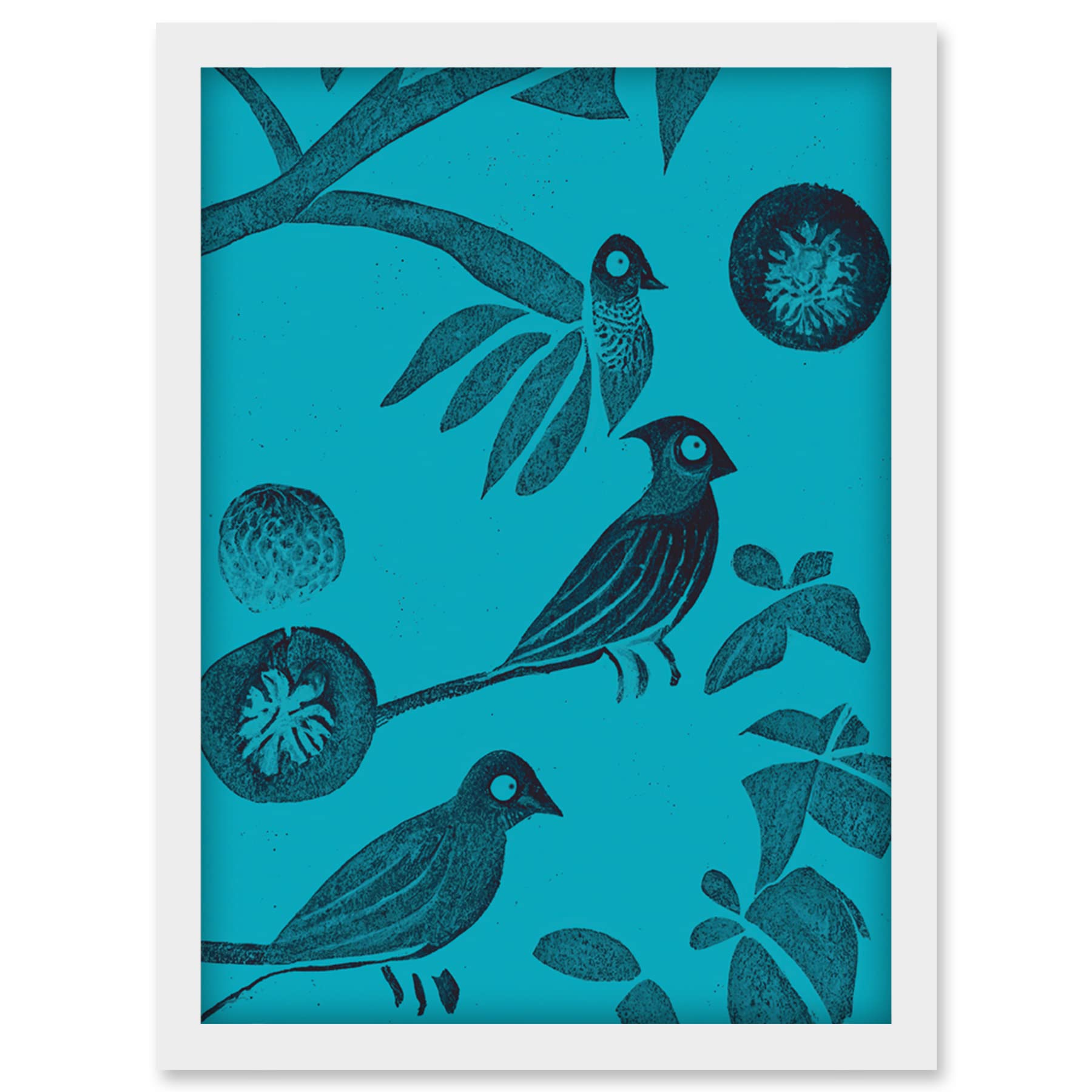 Doppelganger33 LTD Linocut Vintage Blue Birds Jungle Pattern Illustration Teal Artwork Framed Wall Art Print A4