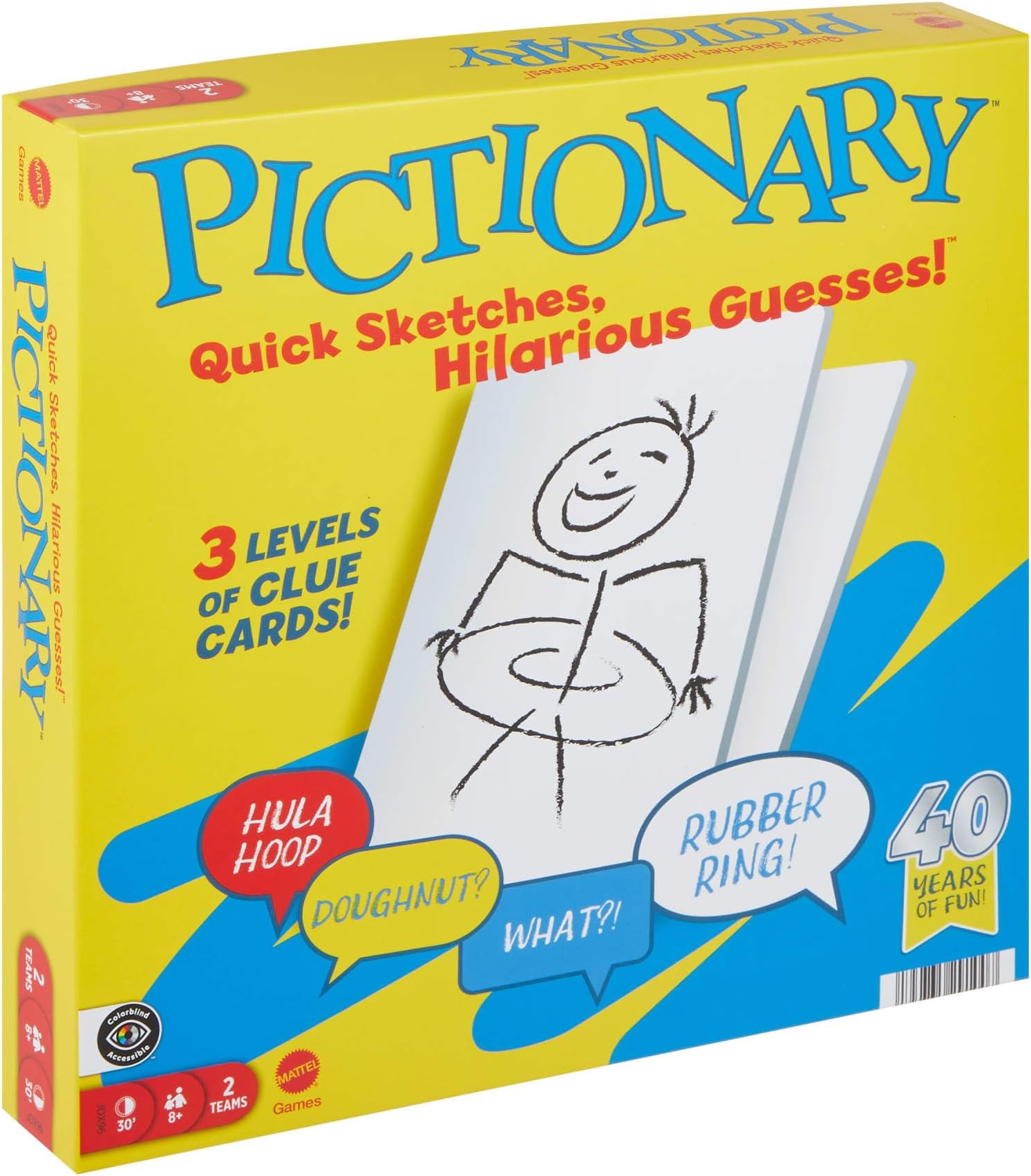Mattel Games Pictionary Family Board Game for Kids, Adults and Game Night for 2 Teams with Erasable Markers, Boards and Sand Timer, JDX96