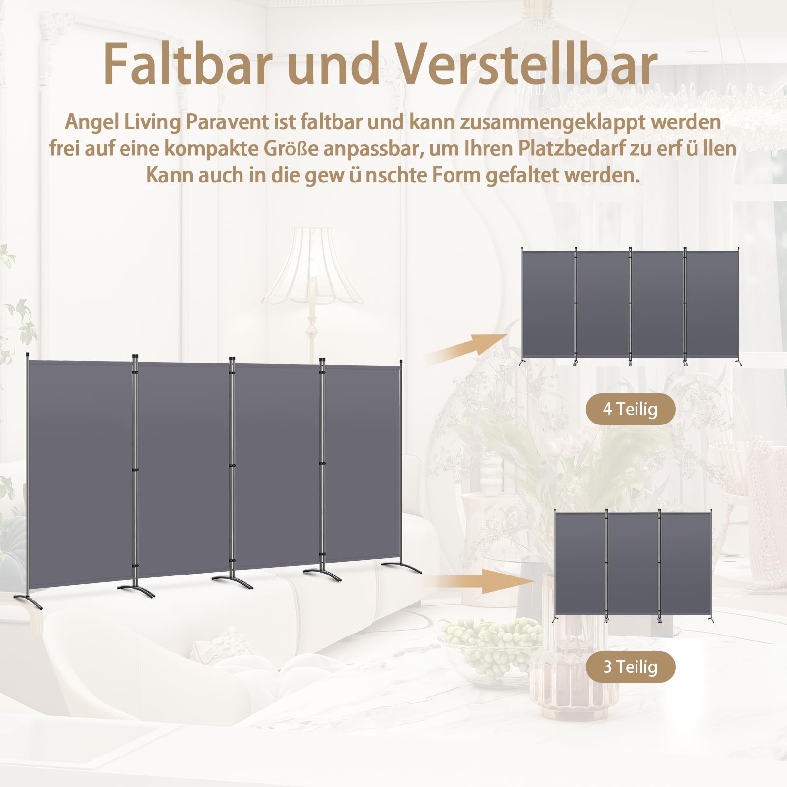 Angel Living Paravent 4 Teilig 324 x170cm Grau,Stellwand Sichtschutz Faltbarer Raumteiler Trennwand Sichtschut für Draußen Garten Schlafzimmer Wohnzimmer Büro Innen