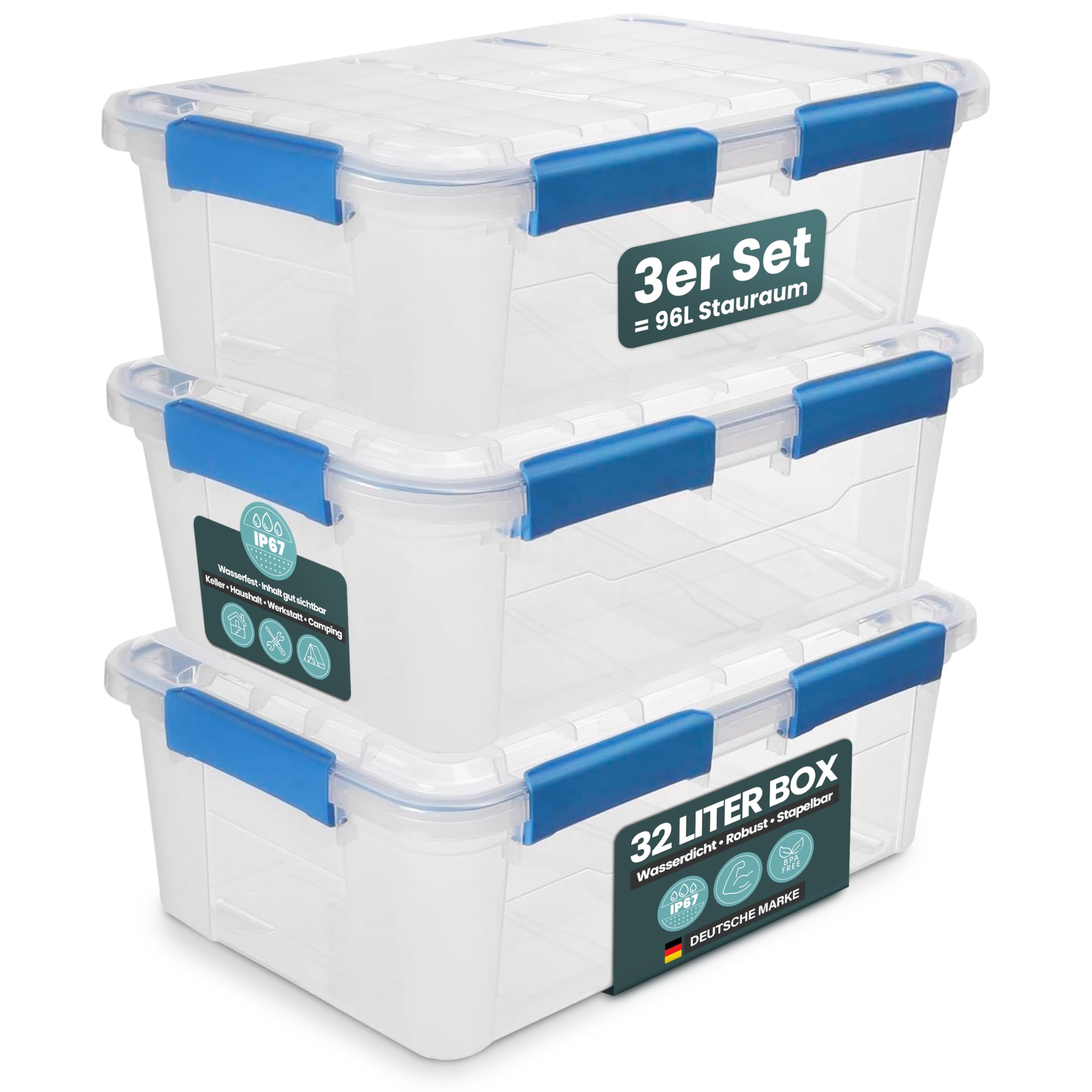 Kreher® Aufbewahrungsbox 32 Liter mit Deckel – wasserdicht & staubdicht, transparent & stapelbar, BPA- & schadstofffrei, robuste Kunststoffbox mit Silikondichtung & 6 Clips (3, 32 Liter)