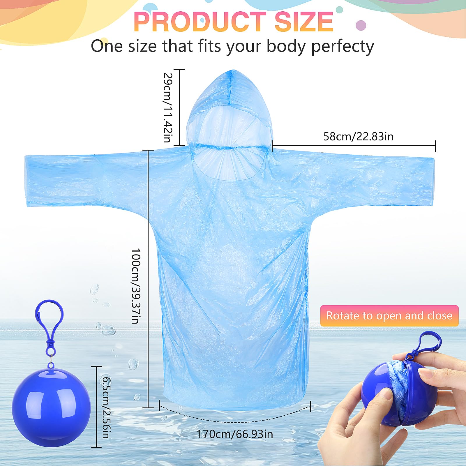 Liitrsh Lot de 30 ponchos de pluie pour adultes - Jetables - Imperméables - Avec crochet - En plastique - Pour le camping, le cyclisme en plein air - 5 couleurs, Rouge, rose rouge, jaune, bleu, bleu