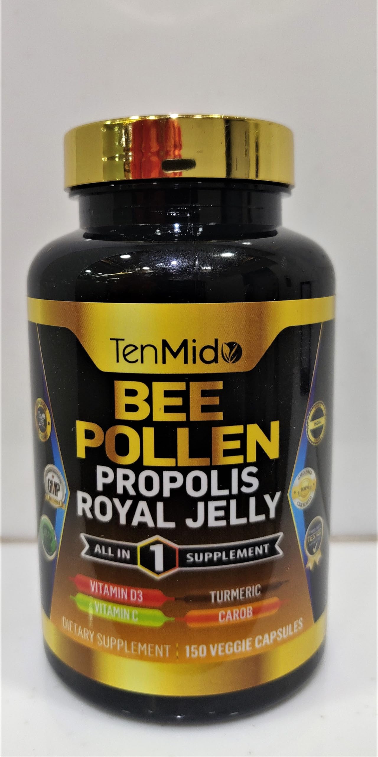 Bee Pollen Capsules for Men and Women, 7-in-1 Formula with Propolis, Royal Jelly, Turmeric, Carob & More - Energy, Immune, Digestive Support - Rich in Nutrient, Vitamins - 150 Capsules
