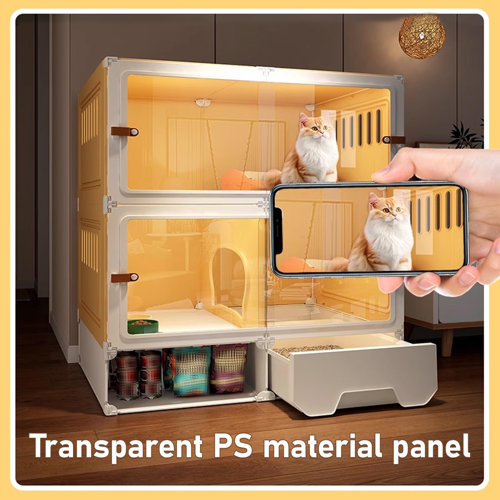 Gabbia per Gatti Trasparente con Cassetto per Littera Estraibile, Materiale Durabile PS/PP, Progetto Aerato e Facile da Pulire per Salotto Balcone(70x45x122CM)