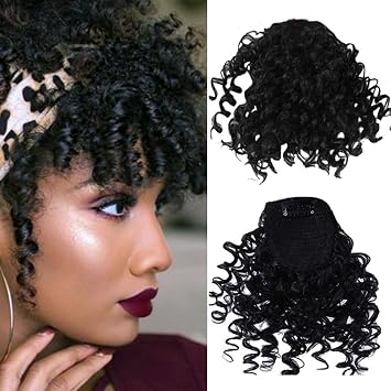 AUOCATTAIL Afro Puff Drawstring Ponytail Extension Curly Bangs Clip Short for Black Women Wig piece Hair Extensions Fiber Synthetic Hairpieces Natural Black