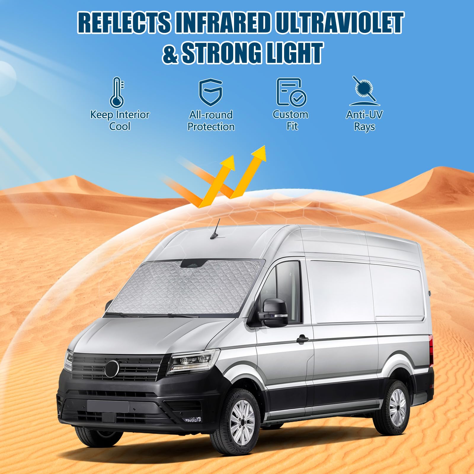 Osłona przeciwsłoneczna na przednią szybę samochodu, zamiennik do VW Crafter 2017-2026, ochrona przed słońcem, ochrona przed słońcem, ochrona przed promieniowaniem UV, odblaskowa ochrona przed kurzem