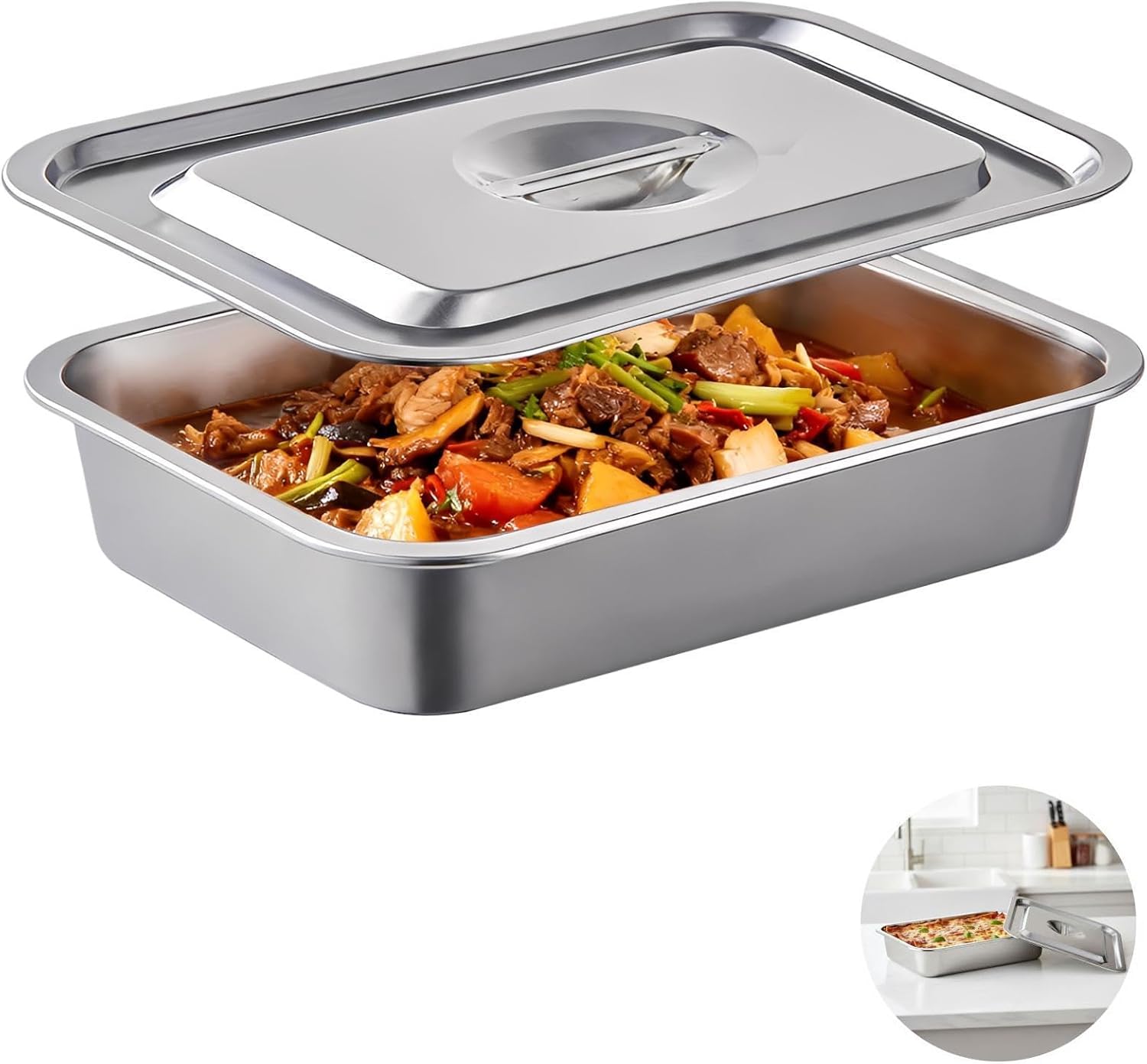 Stainless Steel Lasagna Pan with Lid, 14.2 X 10.6 X 3.9 in, 201 Stainless Steel