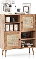 Vista 1 de LOKO Armario tipo bufé estilo granja, armario de almacenamiento de madera con 2 puertas de ratán y 4 cubos, gabinete de barra de café, 31.5 x 11.5 x