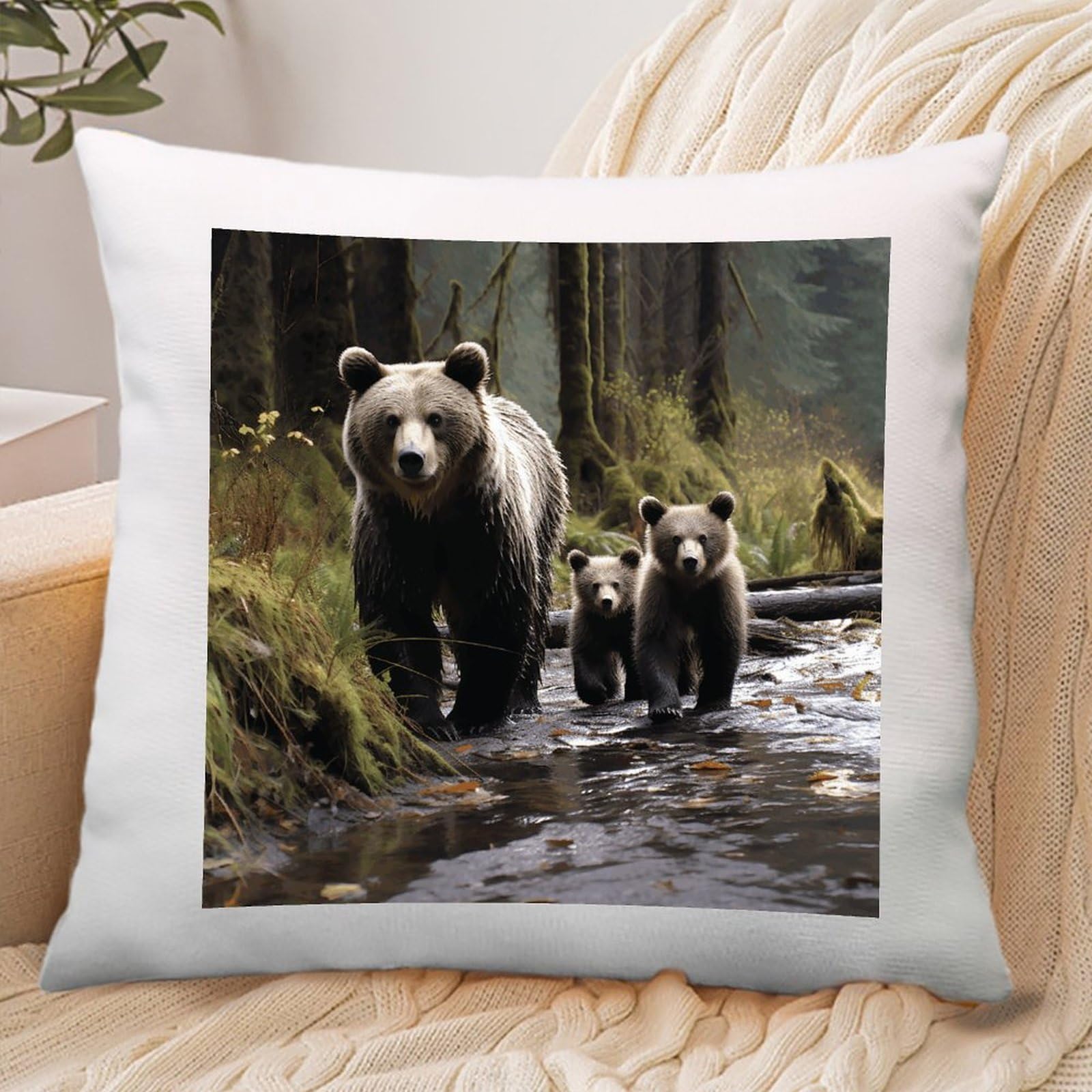 VstaDank Mother Bear and Her Cubs Throw Pillow Covers Square Cushion Cases with Zipper Soft Cotton and Linen Pillowcase Luxury Cozy Pillows Shams Lumbar Pillow Shells for All Seasons