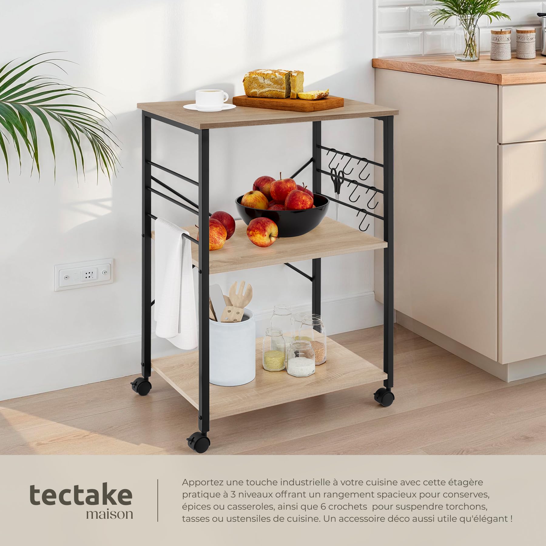 tectake® Desserte à roulettes 65,5 x 45,5 x 88,5 cm, Servante à 3 Niveaux et 6 Crochets pour Accessoires Chariot de Service Desserte de Cuisine roulettes pivotantes à Frein Meuble Cuisine, Bois Clair