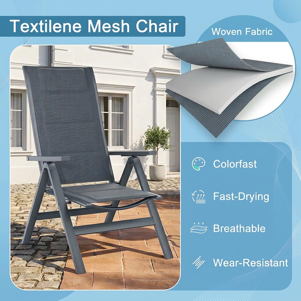 JUMMICO Sdraio da Esterno con 7 Regolazioni in Altezza – Design Pieghevole, Cuscino Imbottito 1,5 cm con Poggiatesta e Supporto Lombare – Portata Max 160kg per Giardino, Cortile, Balcone, Piscina