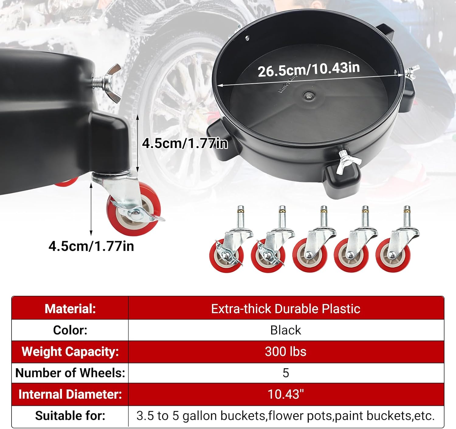 Bucket Dolly 5 Gallon with Wheels,360°Rolling Car Wash Buckets Dolly for 2.5 to 5 Gallon Buckets with Bucket Insert,Cleaning Brush,Supports Up to 300 lbs
