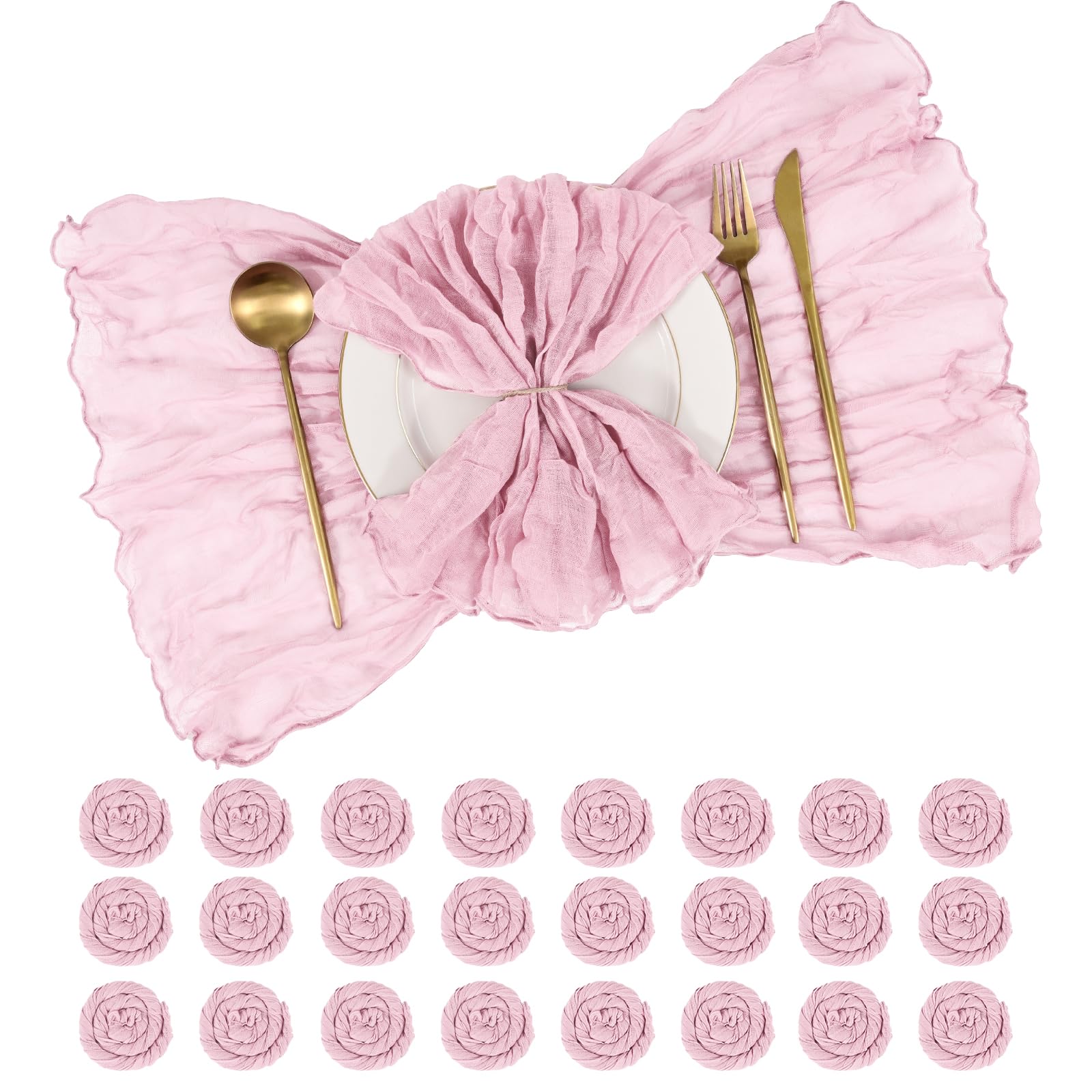 24 Pack Cheesecloth Napkins 50x50 cm (20x20 Inches) Wrinkled Gauze Fabric Dinner Napkins Soft Decorative Cloth Napkins for Wedding, Rustic Boho Party, Valentine‘s Day, Thanksgiving (Pink)