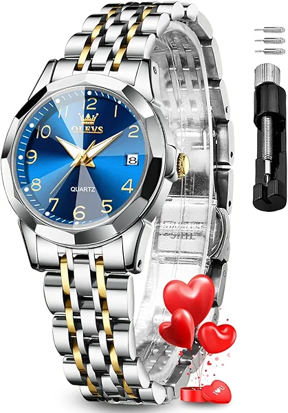 OLEVS Womens Watch Fashion Dress Diamond Female Watches for Ladies Analog Quartz Stainless Steel Waterproof Luminous Day Date Two Tone Wristwatch