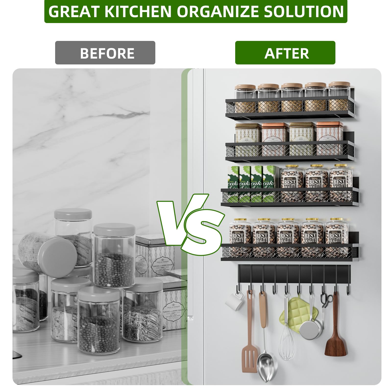 Magnetisches Gewürzregal für Kühlschrank, 5 Stück, magnetisches Regal für Kühlschrank, beweglicher Kühlschrank, magnetische Gewürzregale mit 10 Haken, für Küchenorganisatoren und Aufbewahrung