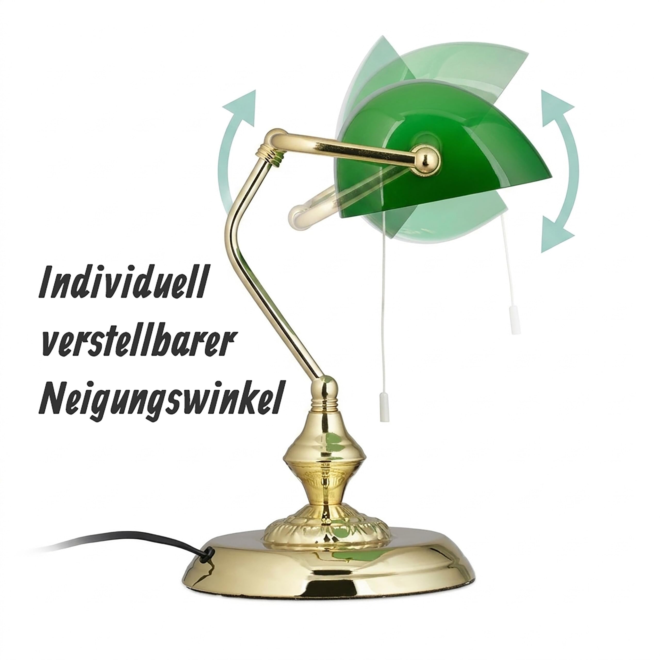 Relaxdays Bankerlampe mit Zugschalter, grüner Schirm, runder Sockel, Vintage Design, Glas, HBT: 31x22,5x18,5cm, Messing, Grün