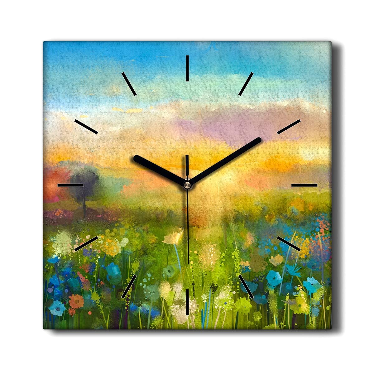Horloge murale coucher de soleil fleurs sur toile