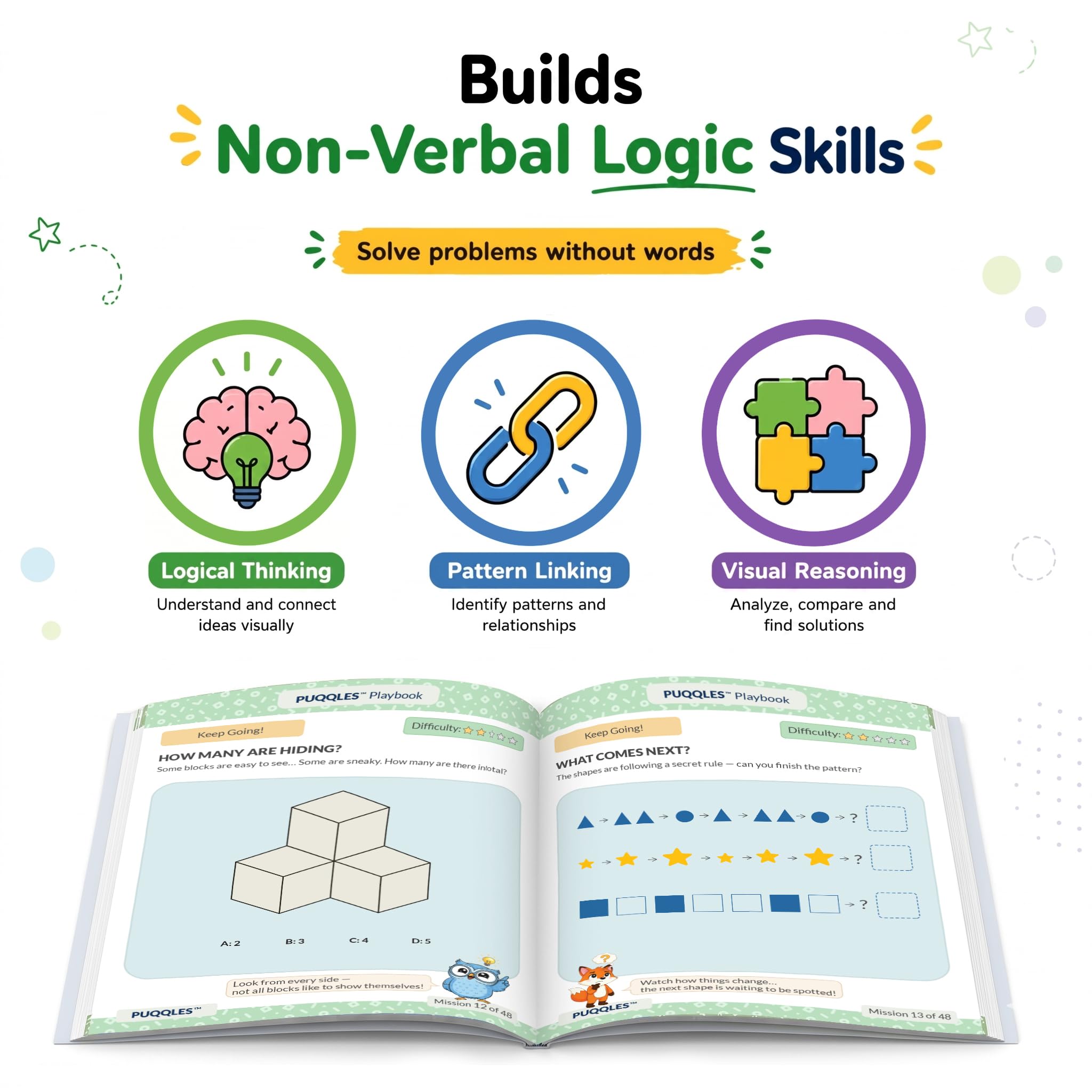 PUQQLES Non-Verbal Logic Activity Book for Kids Ages 5–8 | 48 Visual Thinking & Brain Teaser Puzzles | Critical Thinking, Observation & Problem-Solving Skills | Screen-Free Learning (Level 2) 1