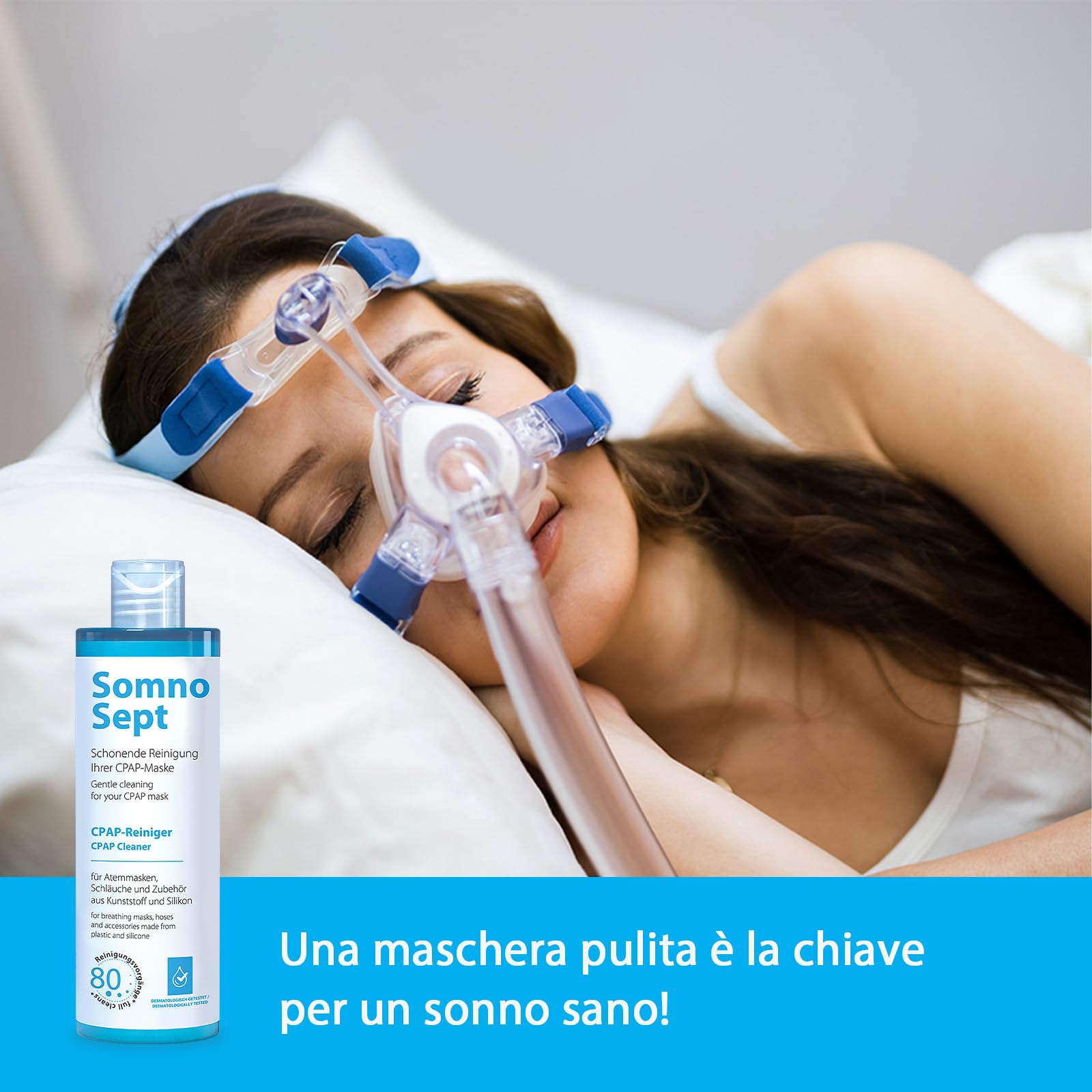 Pacchetto di pulizia CPAP – 3 x detergente CPAP SomnoSept 400 ml e 1 x spazzola per tubi oxyhero CPAP da 120 cm, 15 mm – pulizia accurata della maschera CPAP e del tubo CPAP