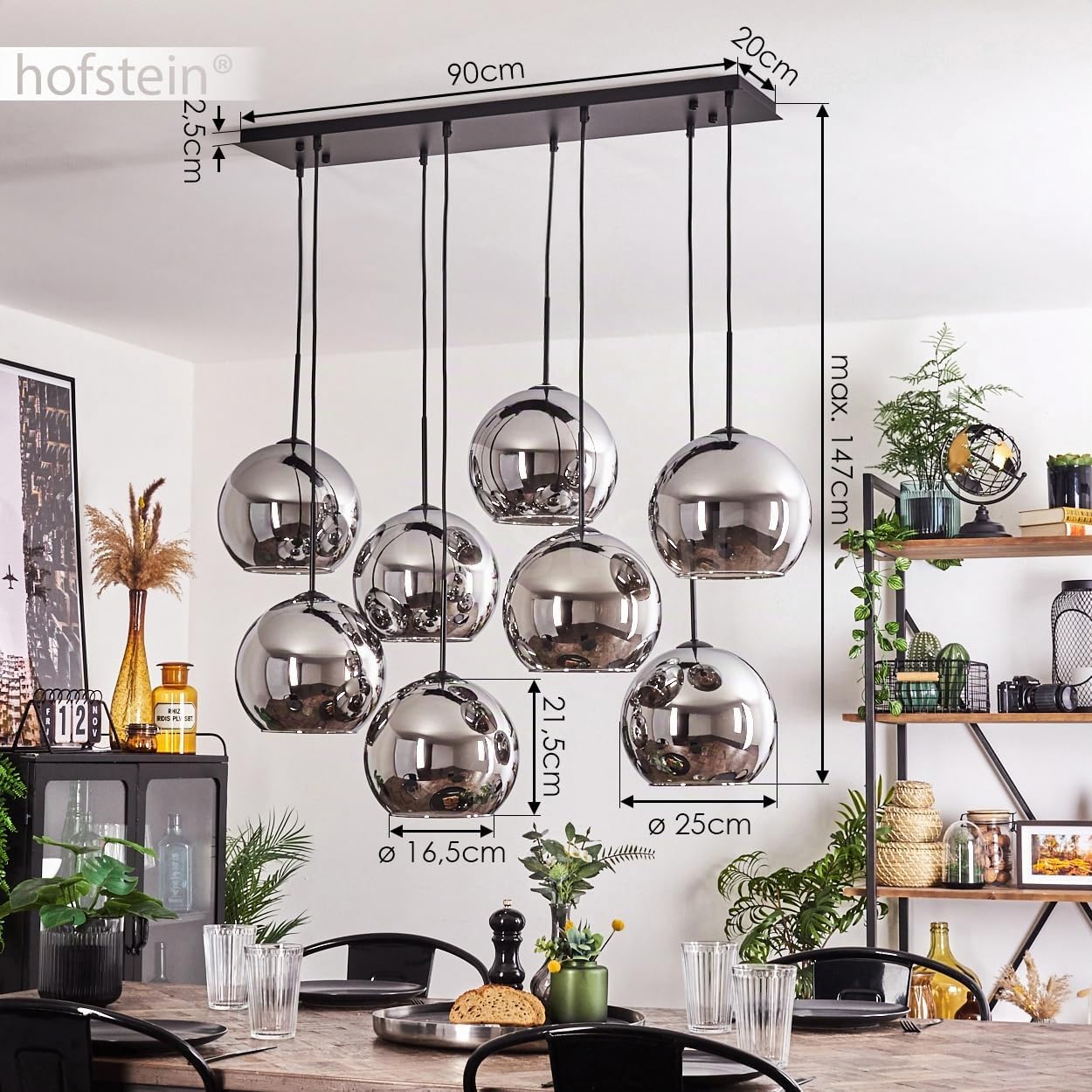 HOFSTEIN Lampadario a sospensione Koyoto a 8 luci in metallo/vetro nero/cromo/fumo, moderno lampadario in stile retrò/vintage, Ø ombrelloni 25 cm, E27, sala da pranzo, cucina, soggiorno