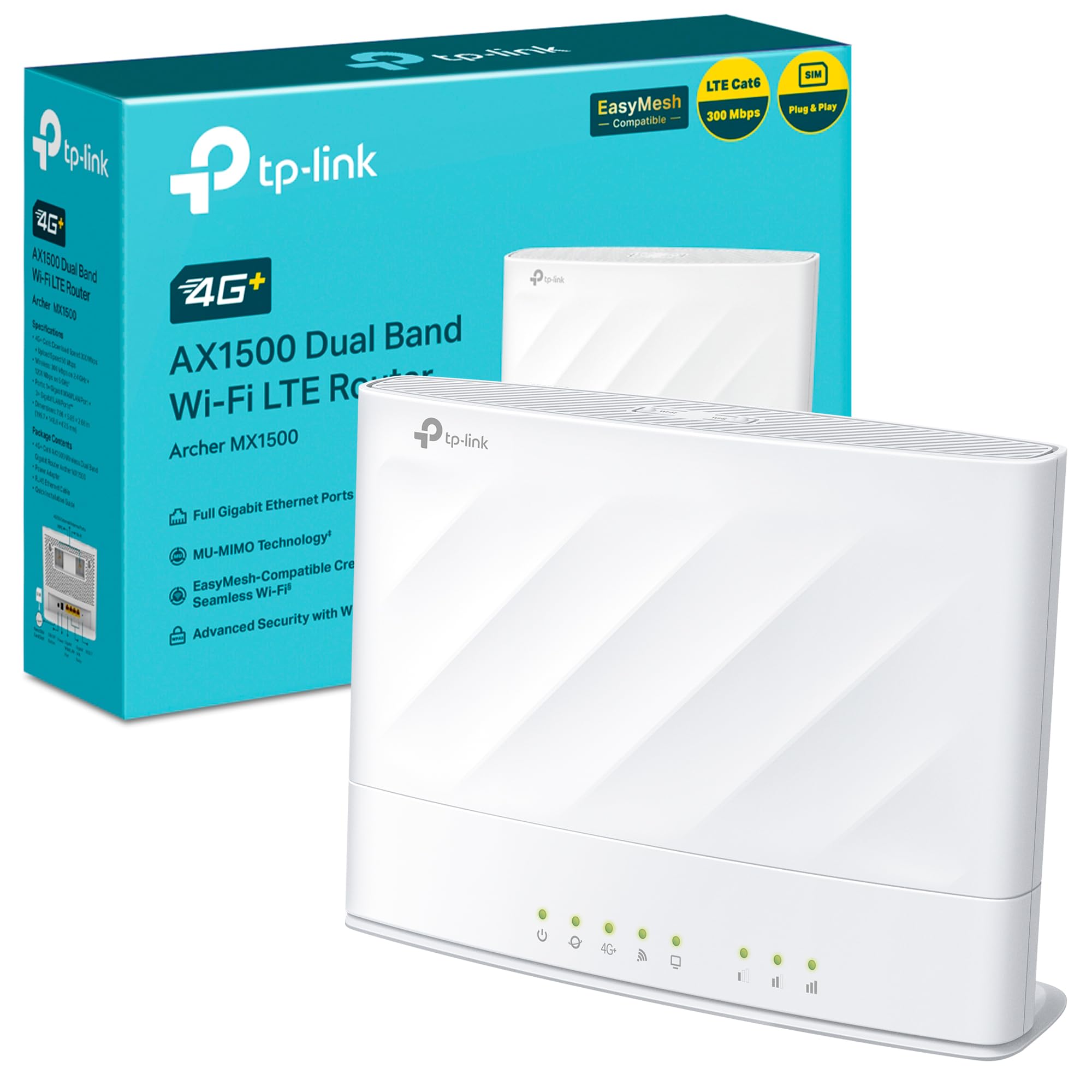 TP‑Link Archer MX1500 - Router 4G+ AX1500 LTE Dual Band – Velocidad hasta 1201 Mbps + 300 Mbps, Compatible con EasyMesh, App Tether, Ideal para hogares y oficinas sin Cable DSL
