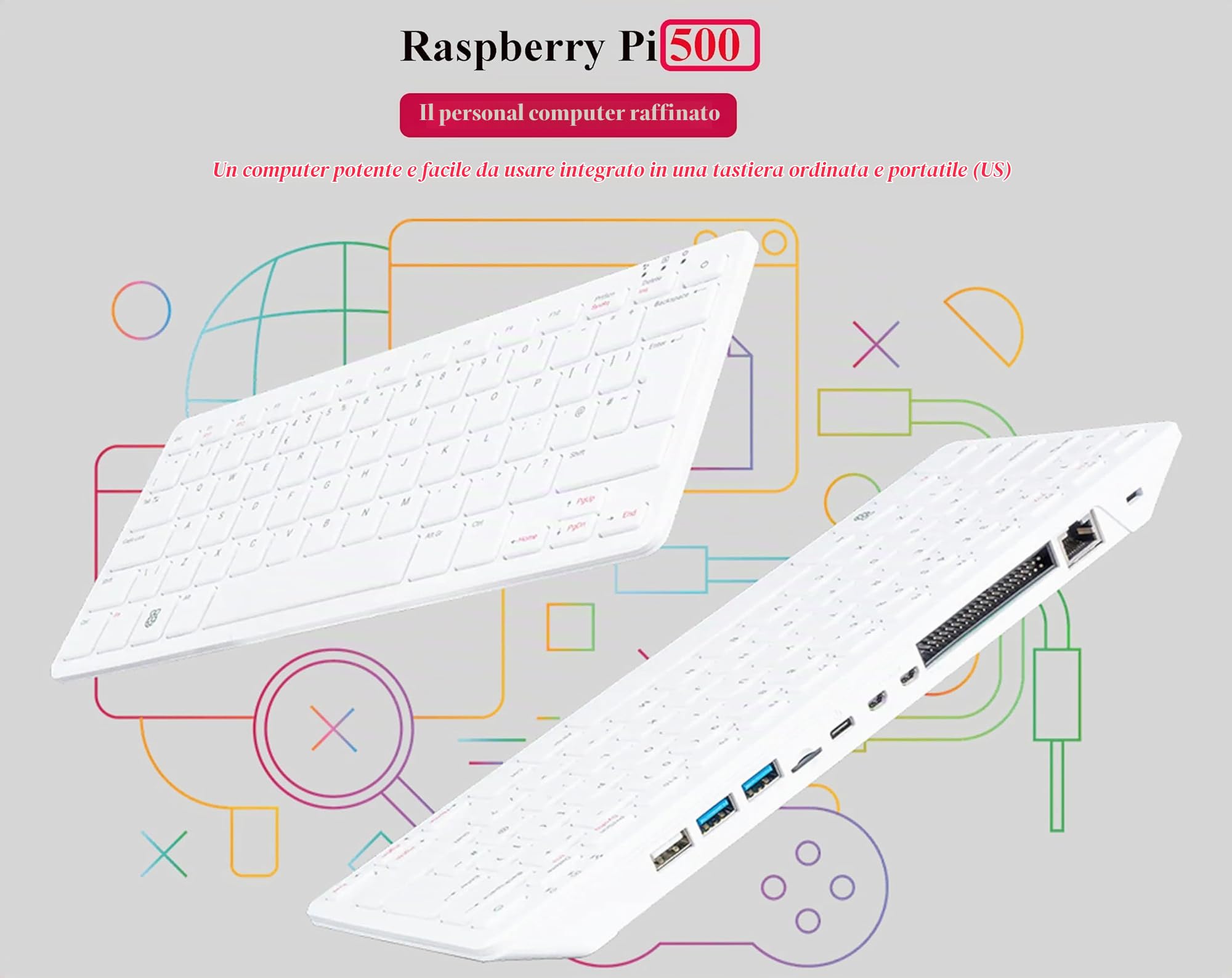 Kit base Pi 500 compatibile con Raspberry Pi 500, potente tastiera computer, stesso processore quad-core a 64 bit, supporto WiFi/Bluetooth, viene fornito con scheda micro SD ufficiale da 32 GB (6