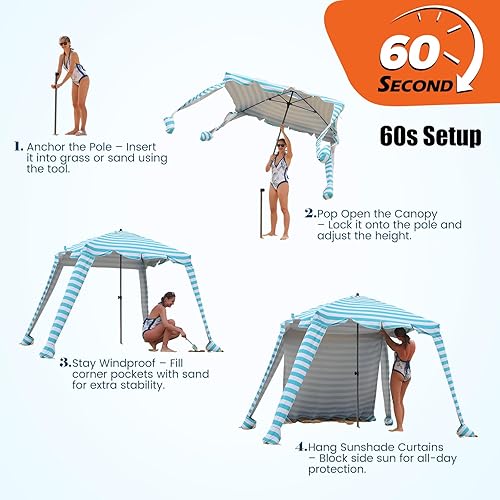 Miniatura 3 de Cabaña de playa  Sombrilla de playa de 6 pies con protección UV UPF 100+ y cortina de sombrilla, tienda de campaña impermeable, sombra portátil,