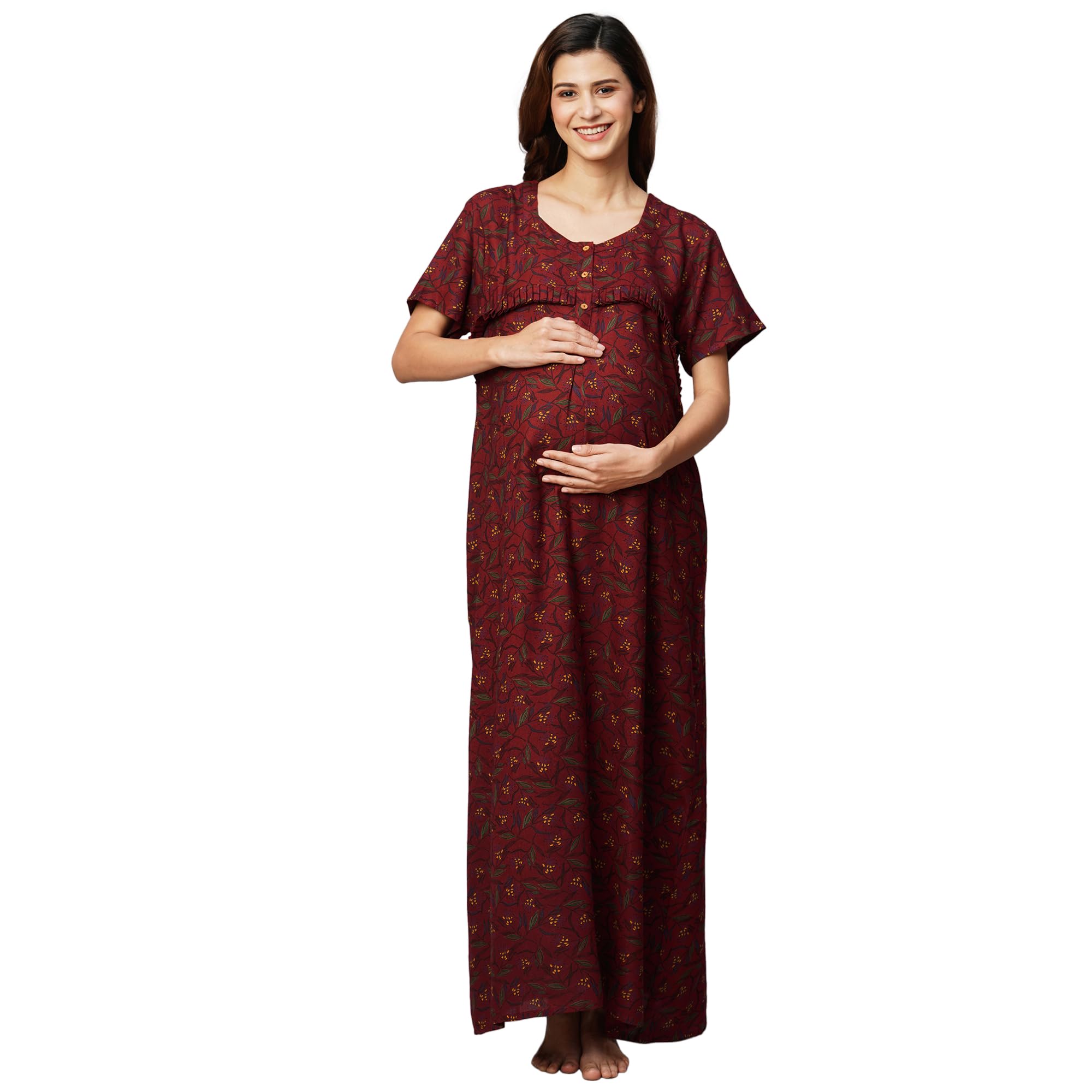 Women's Cotton Blend Maxi Maternity Nighty/Feeding Nighty/Pregnancy Night Gown/A-Line Nursing Nighty with Zippers for Nursing Pre and Post Pregnancy