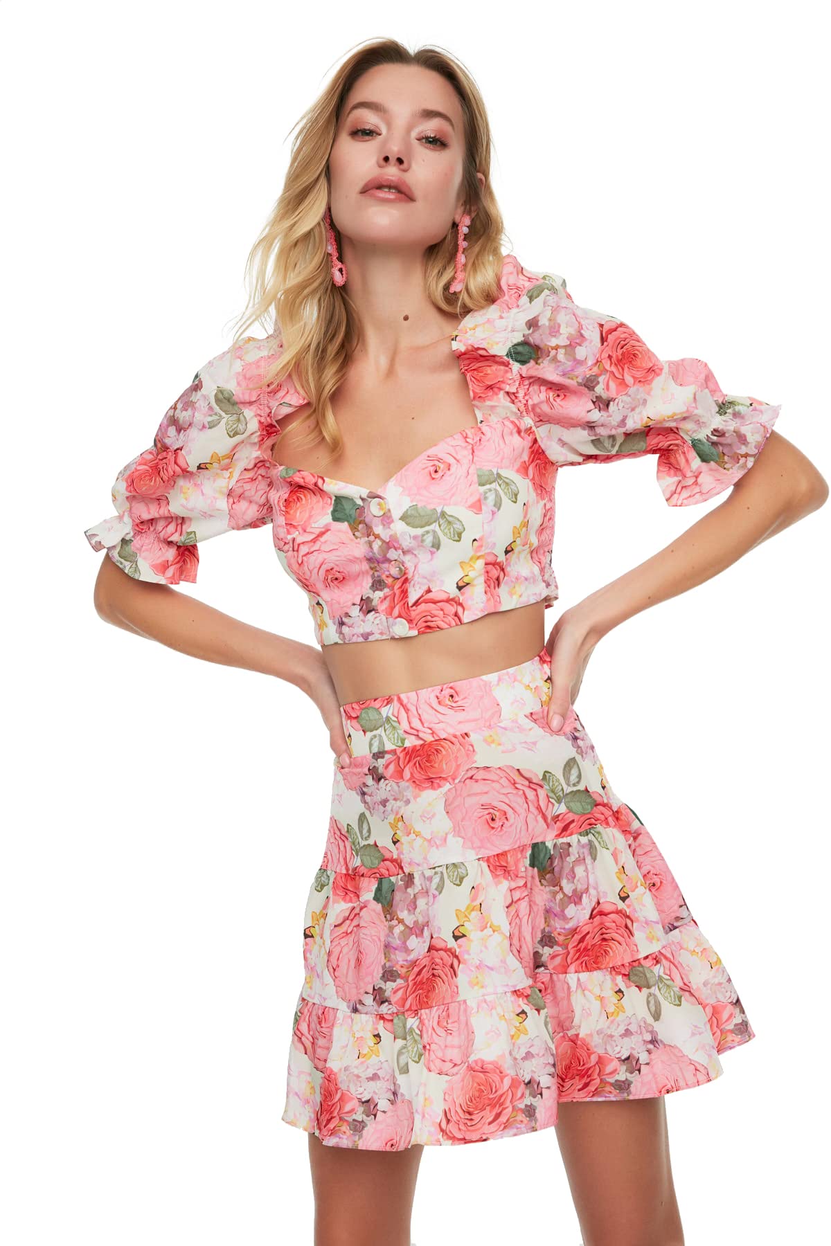 Completo Due Pezzi Donna Trendyol - Top E Gonna Con Motivo Fiori, Cotone Elastico - Foto 12