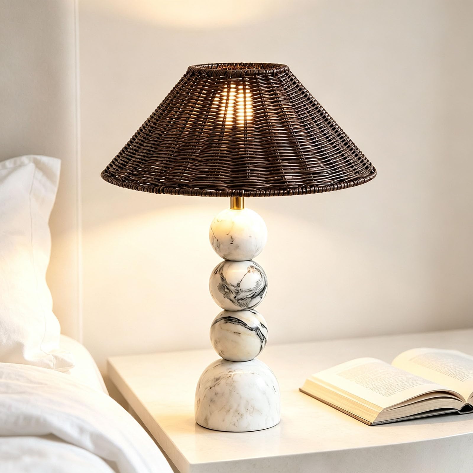 Lampade da tavolo in marmo, lampada da tavolo decorativa con paralume in rattan, stile rustico per il soggiorno con ingresso