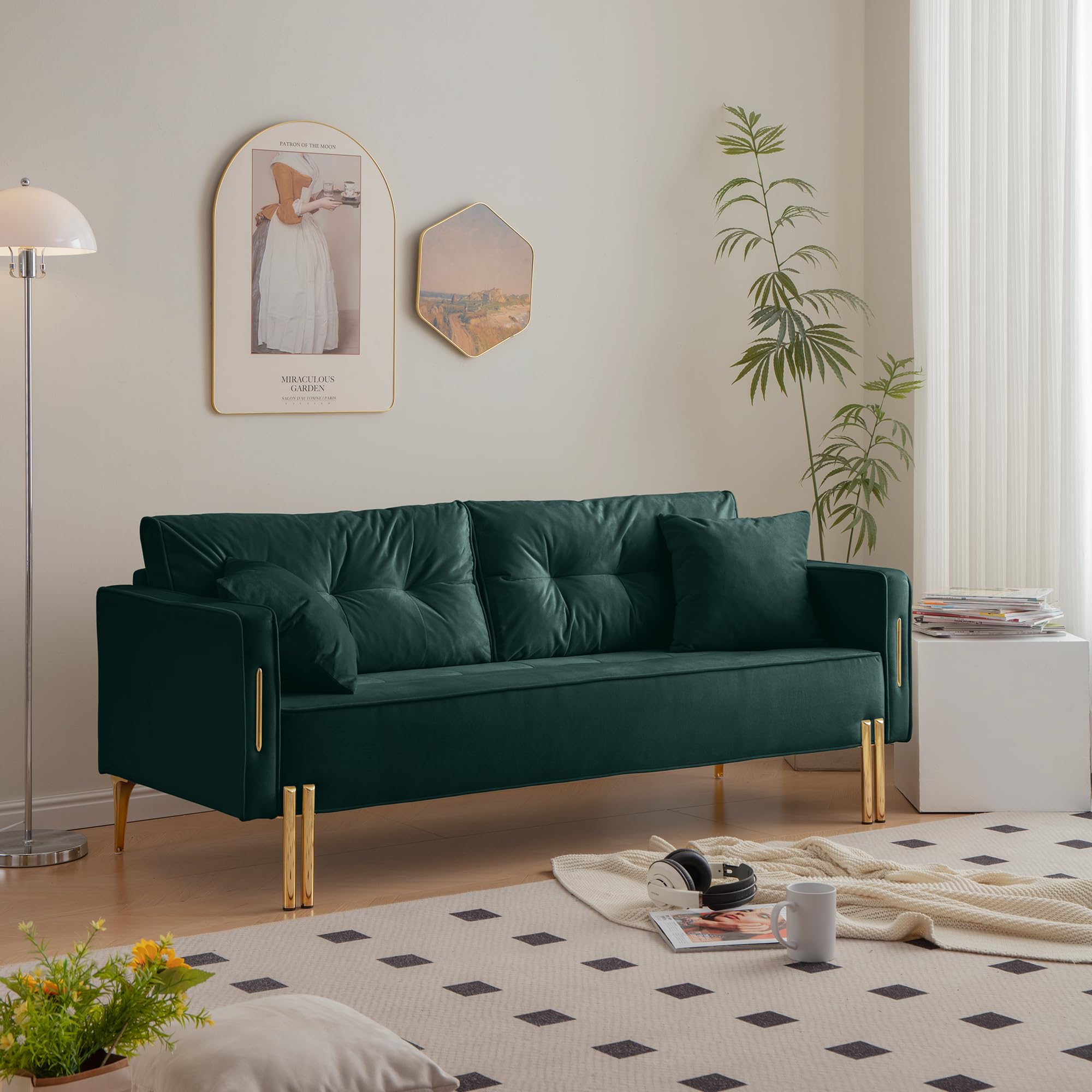 AeasyG Green Velvet Couch Sofa Mid Century Modern Loveseat Sofa Button Tufted Plush Upholstered Couch Waterproof with 2 Throw Pillows for Living Room Bedroom Office Dorm Small Space Furniture