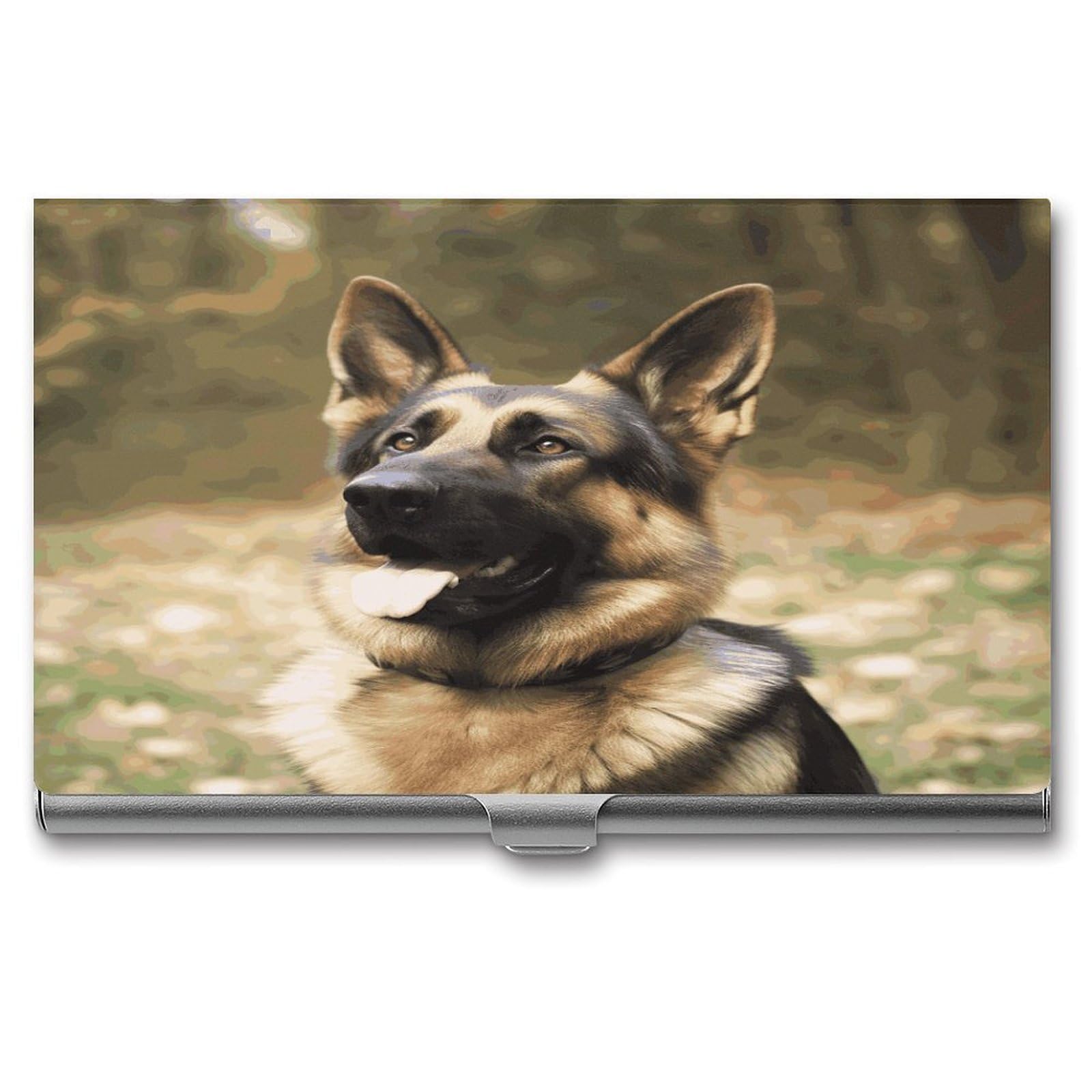 Lzqpoeas Men's Style Animal German Shepherd Business Card Holder Aluminum Alloy Flip Cover Slim Name Cards Case Lightweight Business Name Card Holder Case Portable Purse Name Cards Holder