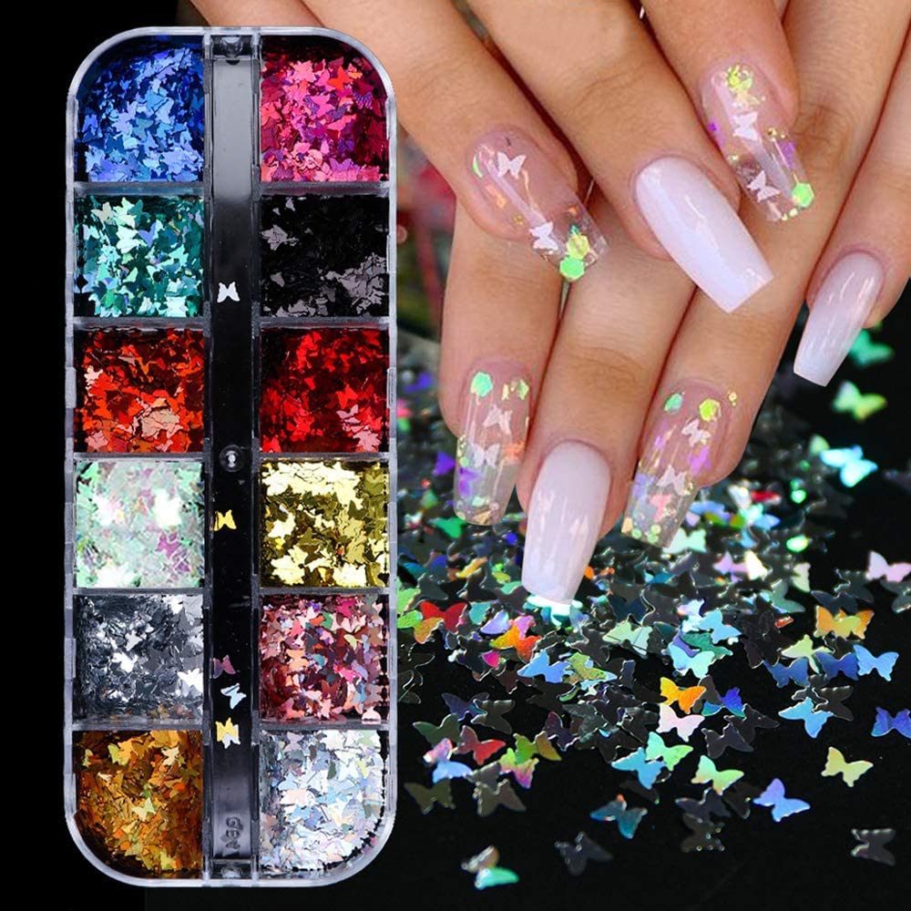 12 Colors Butterfly Nail Art Stickers Butterflies Nail Glitter Sequins 3D Art Accessories Butterfly Shape Flakes Gold Red Pink Butterflies Sequins Design Acrylic Nails Supply Kit-image-49