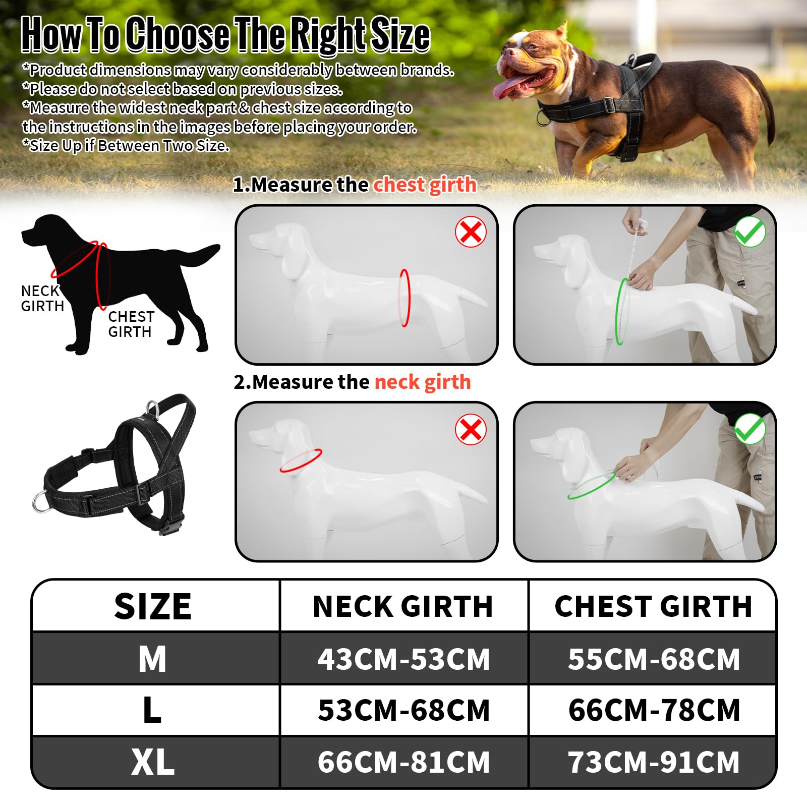 Arblina Harnais pour Chien, Harnais Anti-Traction pour Chiens Moyens et Grands, Harnais à Structure en T avec Éléments Réfléchissants, Harnais Doux pour Pitbull, American Bullies, Noir L