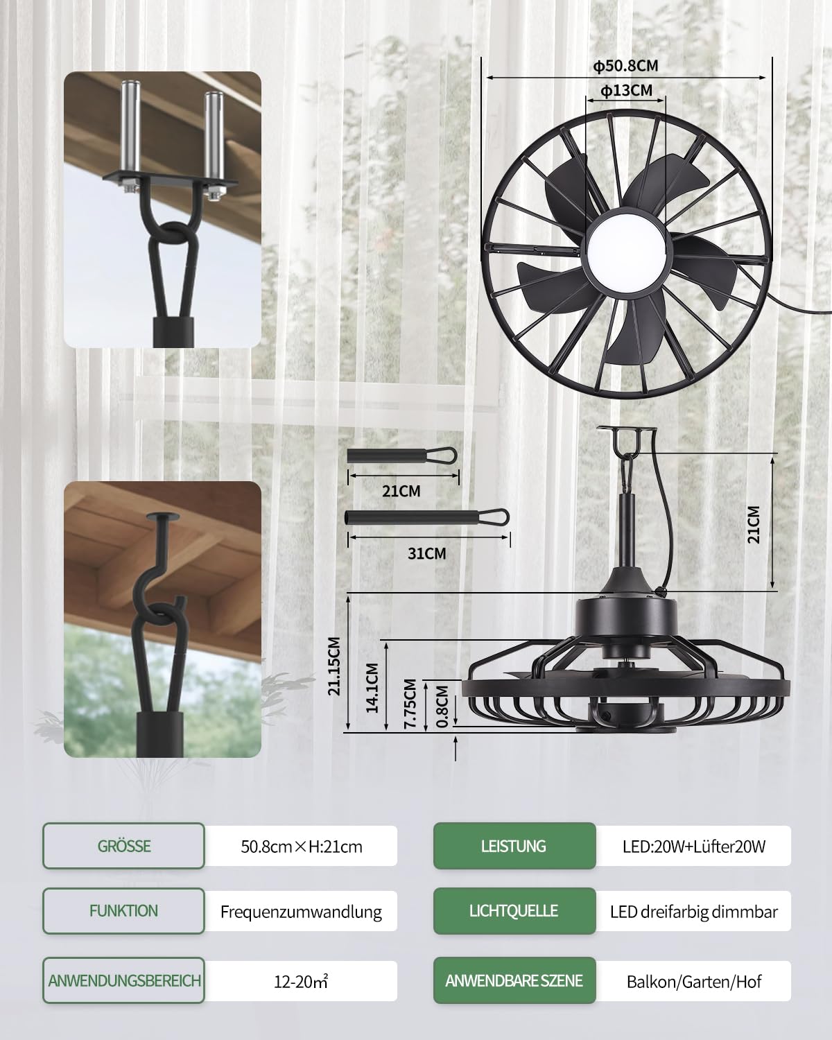 Deckenventilatorleuchte für den Außenbereich, Außenlicht mit Ventilator, IP44 Wasserdicht, 6 Lüftungsgeschwindigkeiten, mühelose Lichtdimmung, für Terrassen, Pergolen, Wohnzimmer, Esszimmer