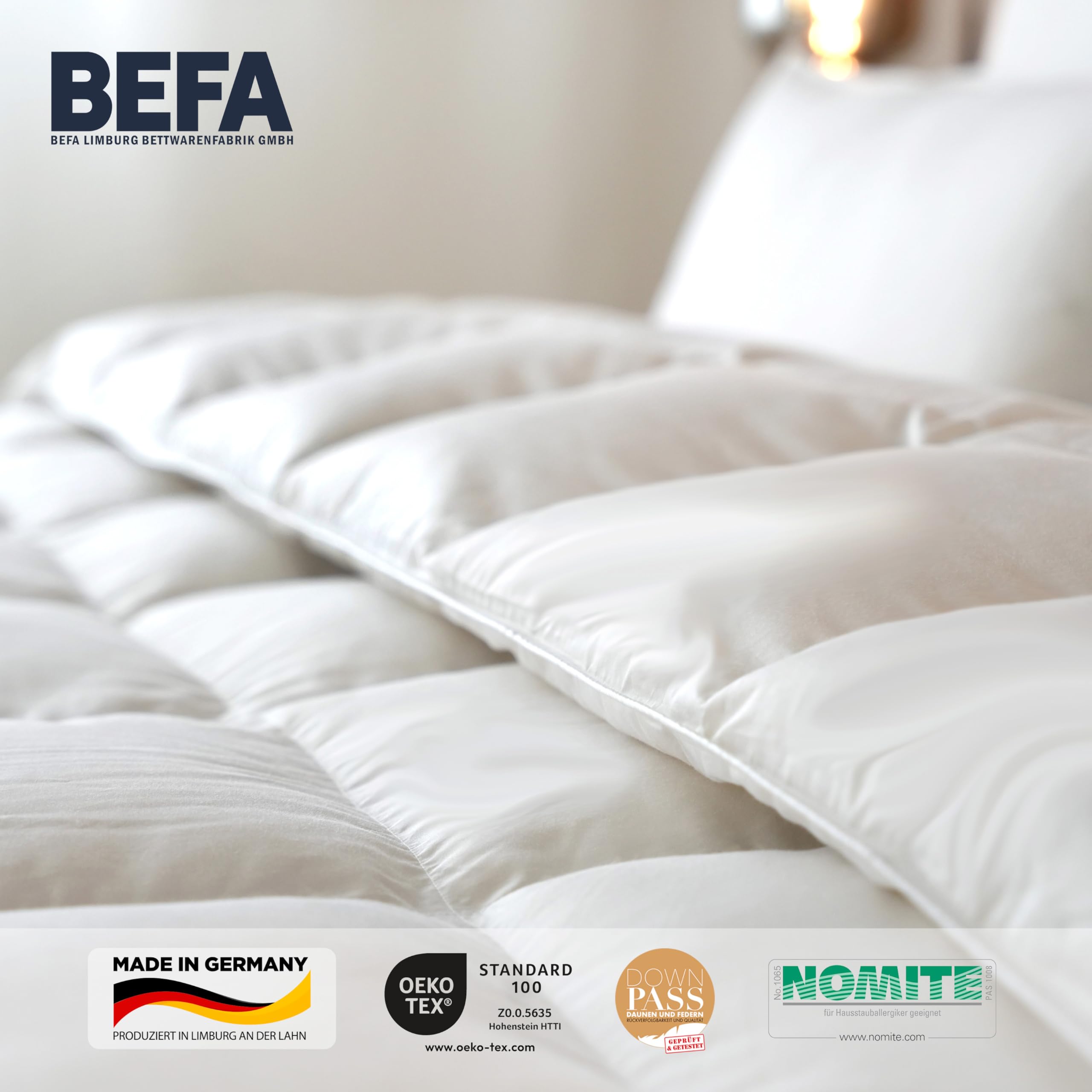 BEFA NATUR Made in Germany Tencel kołdra puchowa 200 x 220 cm z 90% puchu i 10% pierza, nadaje się na wszystkie pory roku, nadaje się dla alergików (Nomite), EN Standard 12934, Öko-Tex 100 klasa 1,