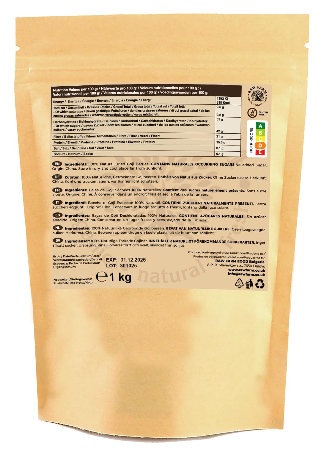 Raw Farm - Bayas de Goji Enteras - 1kg - Secadas al Sol, Libres de Aditivos