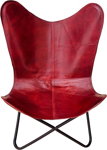 HLC Sillas de cuero de mariposa para sala de estar, silla de mariposa, hechas a mano con marco de hierro plegable recubierto de polvo (cubierta roja
