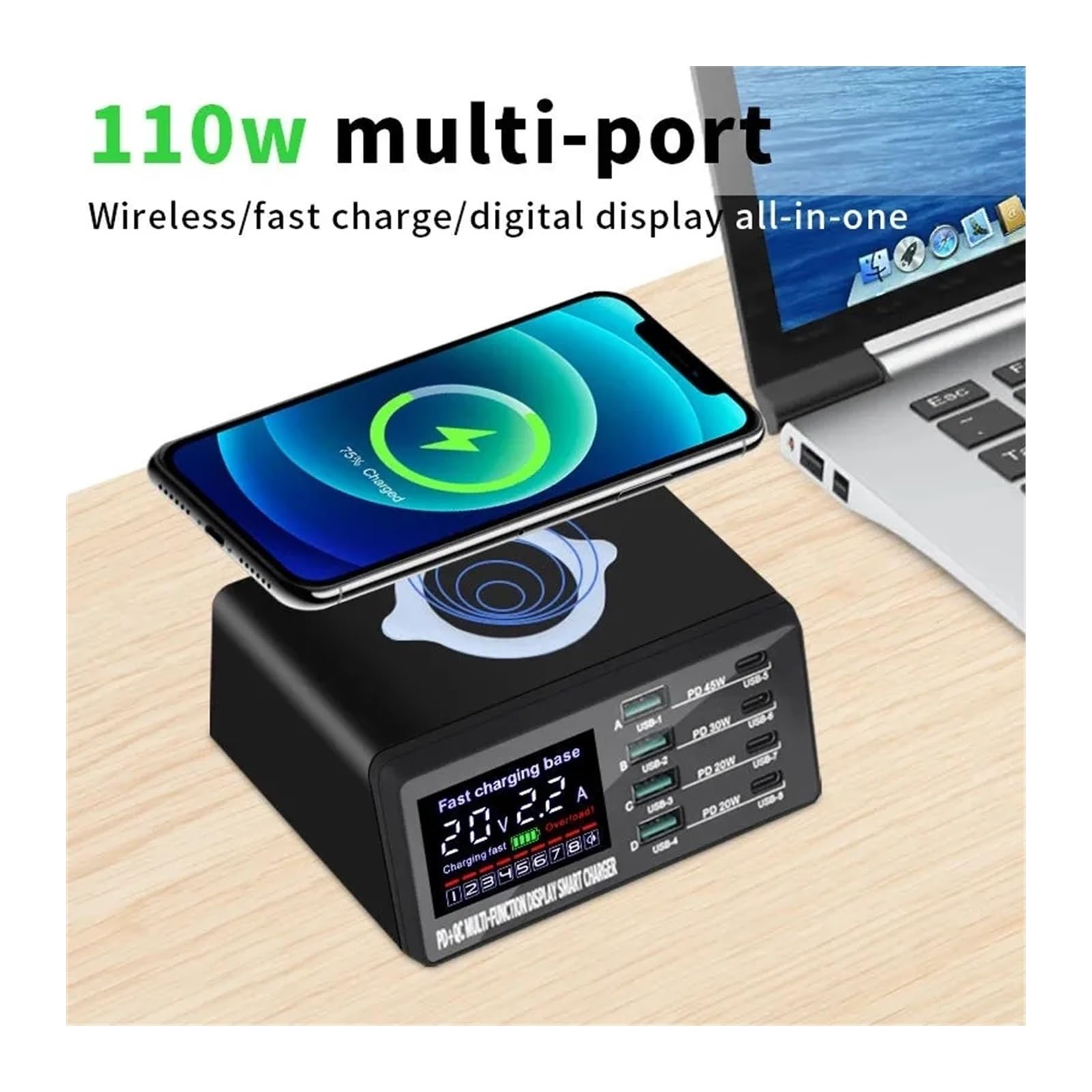Rapide Chargeur, Chargeur sans Fil W, 8 Ports USB, Station de Charge Rapide QC3.0 PD3.0,Chargeur USB Voyage/Haute Vitesse