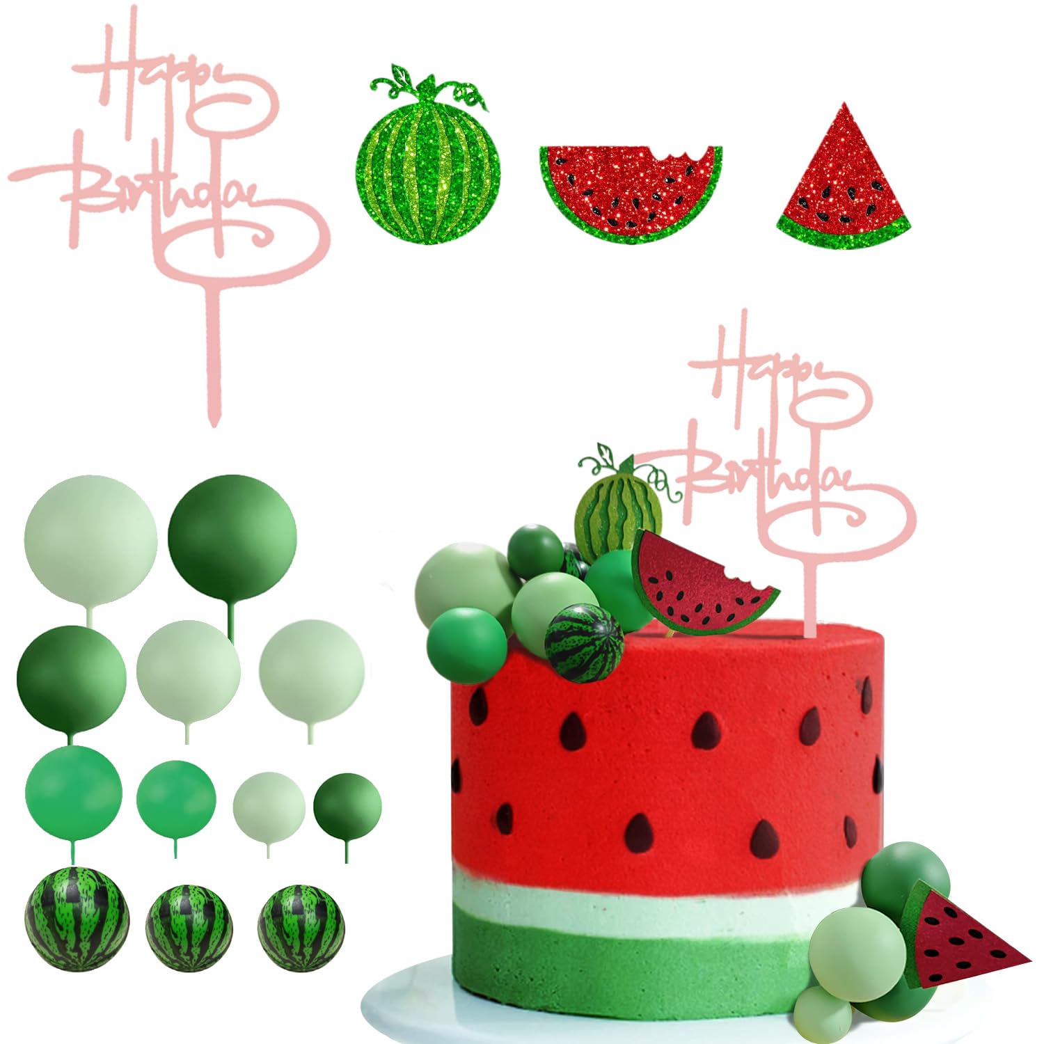QAMEGX Watermelon Cake Toppers - 26-Piece Set With Animal Figurines For 1st, 2nd, 3rd Birthday & Baby Showers
