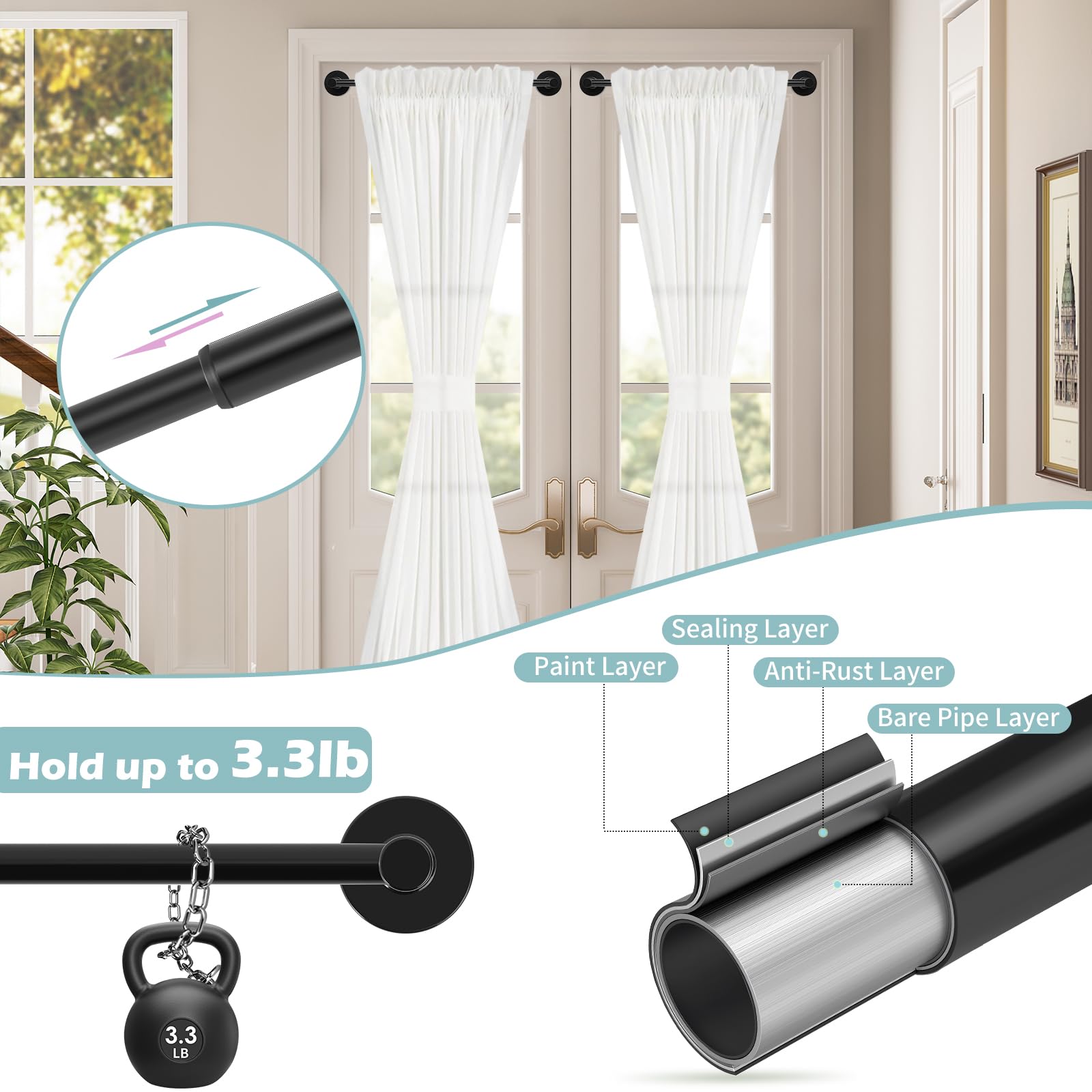 HTZON Black Magnetic Curtain Rod for Door:Magnet Curtain Rods for Classroom Whiteboard,Small Adjustable Magnetic Towel Bar,Tool-Free French Magnet Pole with Leather Protective Cover No Drilling 16-28