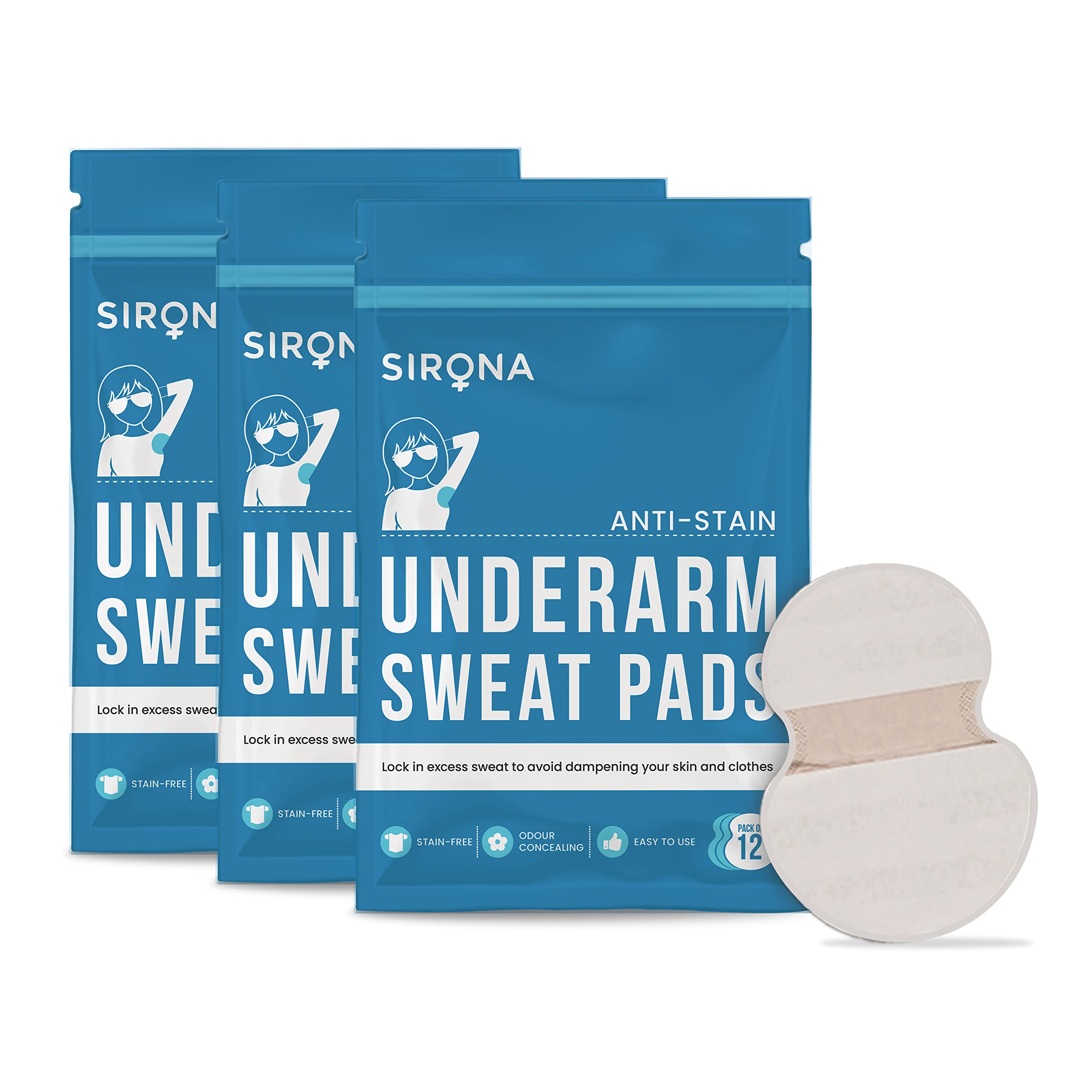 SironaDisposable Underarm Sweat Pads for Men and Women - 36 Pads (3 Pack - 12 Pads Each)